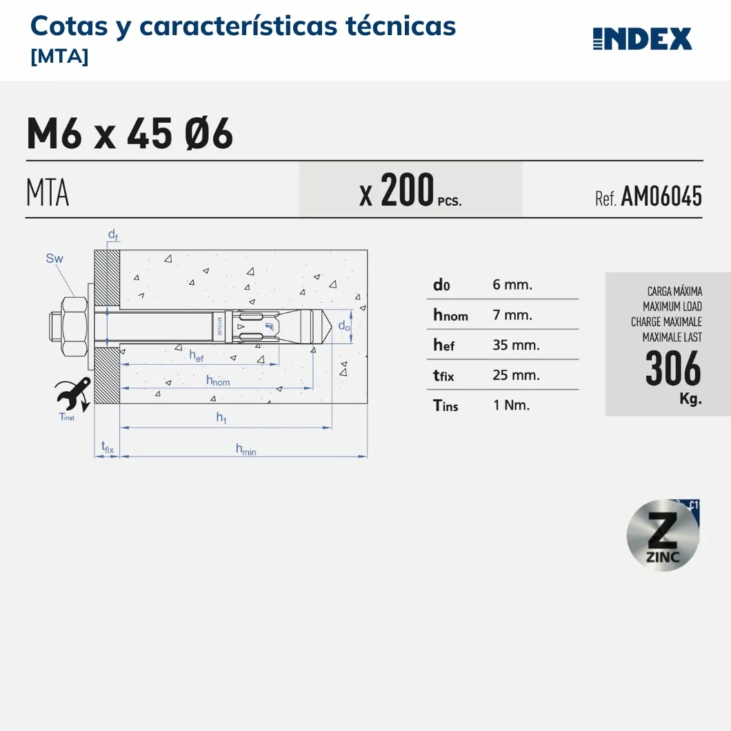Index Fixing Systems AM16170 [MTA] Anclaje macho para cargas altas. Zincado 170 Ø16, Gris, M16 x 170 mm, diámetro de 16 mm, Set de 25 Piezas
