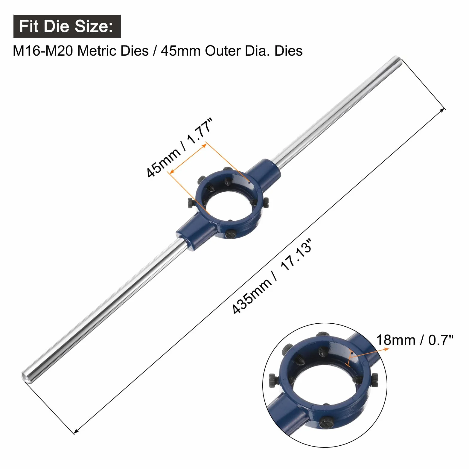 QUARKZMAN Manija de Llave de Troquel Redondo Ajustable de 45 mm (1.77") para Reparación de Roscas de Pernos (Ajuste de Troqueles Métricos M16-M20 / Troqueles de 45 mm de Diámetro Exterior)