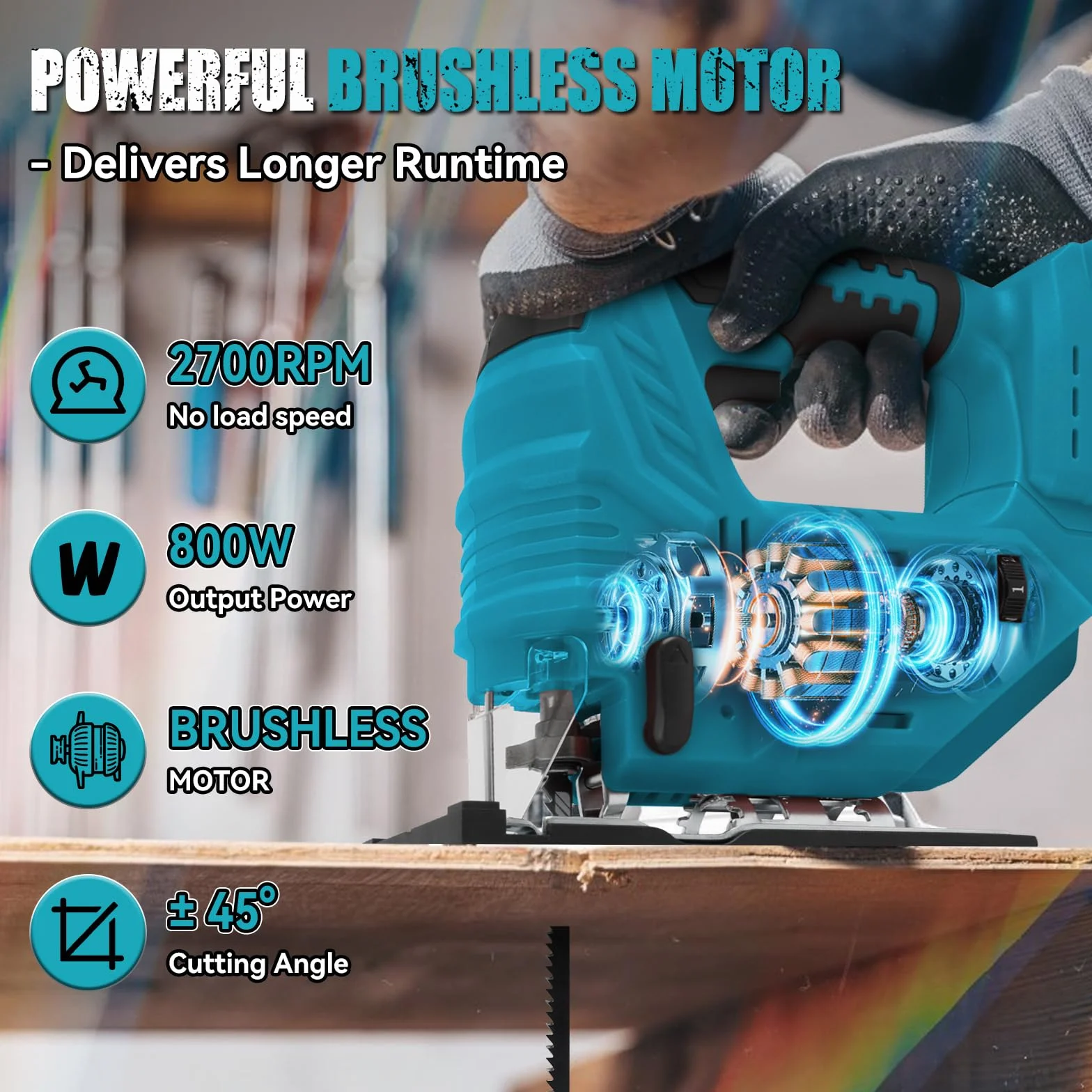 Sierra de calar con batería Makita de 18 V, 800 W, 2700 RPM, herramienta de corte sin escobillas, corte biselado de 45°, 4 acciones orbitales, con hojas de sierra de calar para rectas/curvas