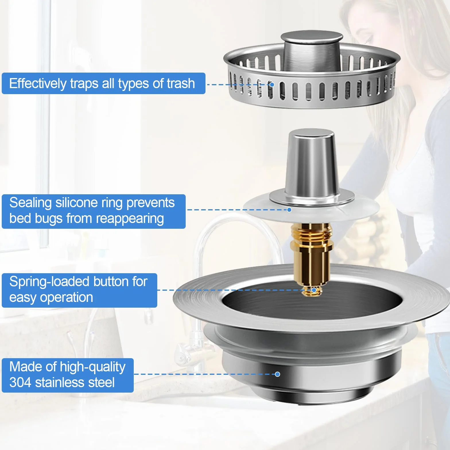 Tapon Fregadero Cocina 3 en 1 Acero Inoxidable Filtro AntiOlores Press Push 73-87mm