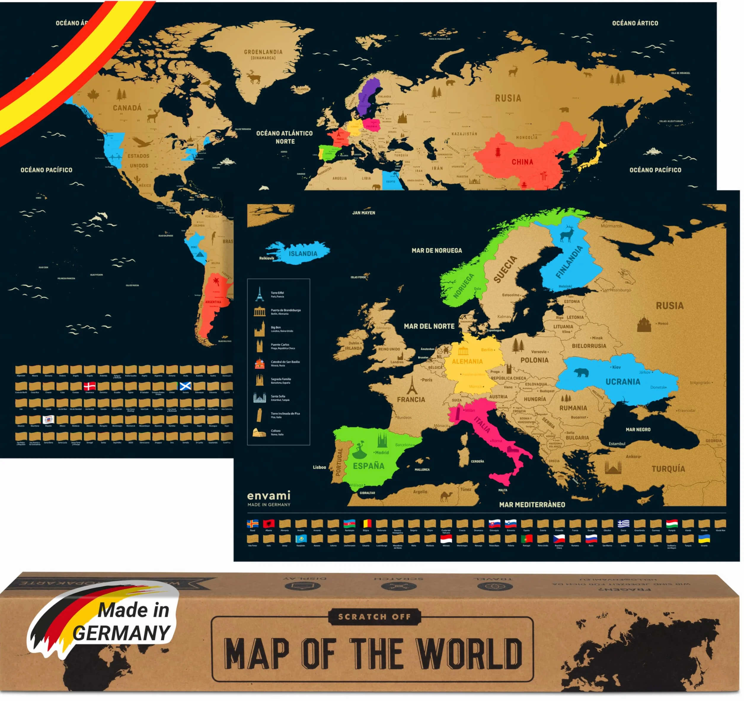 Mapa Mundi Rascar - Español - Más el mapa de Europa - Mapas del Mundo para Marcar Viajes - 68 X 43 CM - Plata - Scratch Off Travel Map