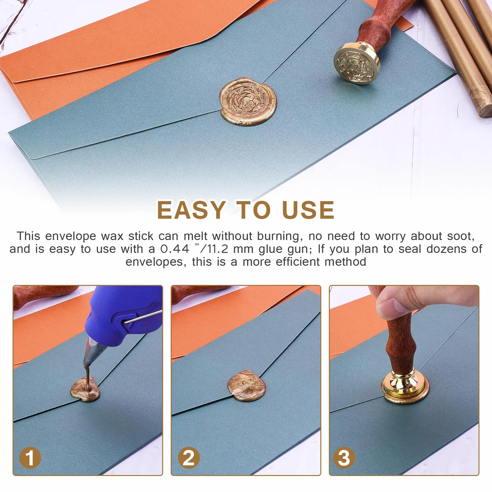 Barras de cera de sellado dorada 11 mm para pistola de pegamento, ideales para invitaciones de boda