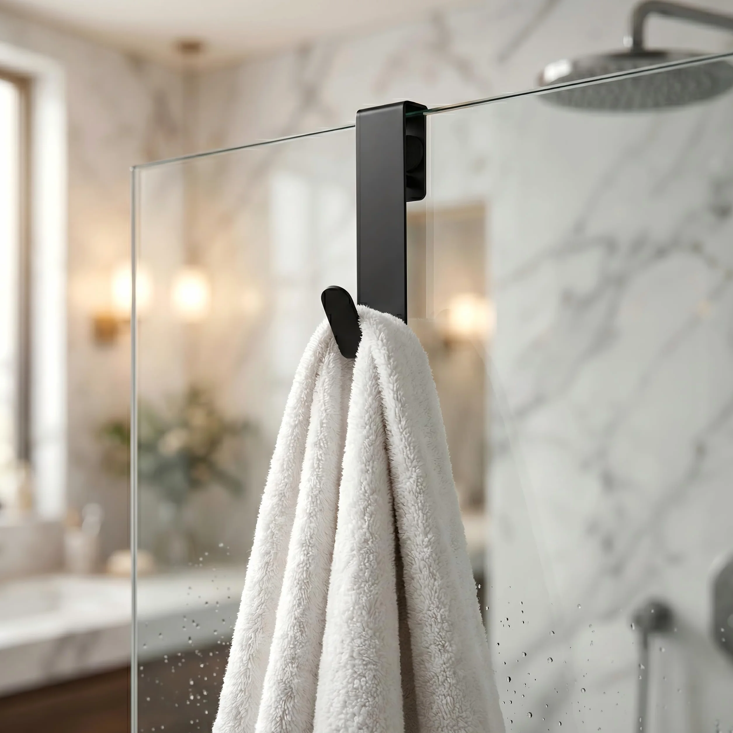 2 Piezas Gancho de DuchaNegros, Ganchos para Mampara de Ducha de Acero Inoxidable, Ganchos Mampara Ducha Puerta, Perchas Baño sin Taladro para Toallas Baño, Cristales de 0,6-1,7 cm de Grosor