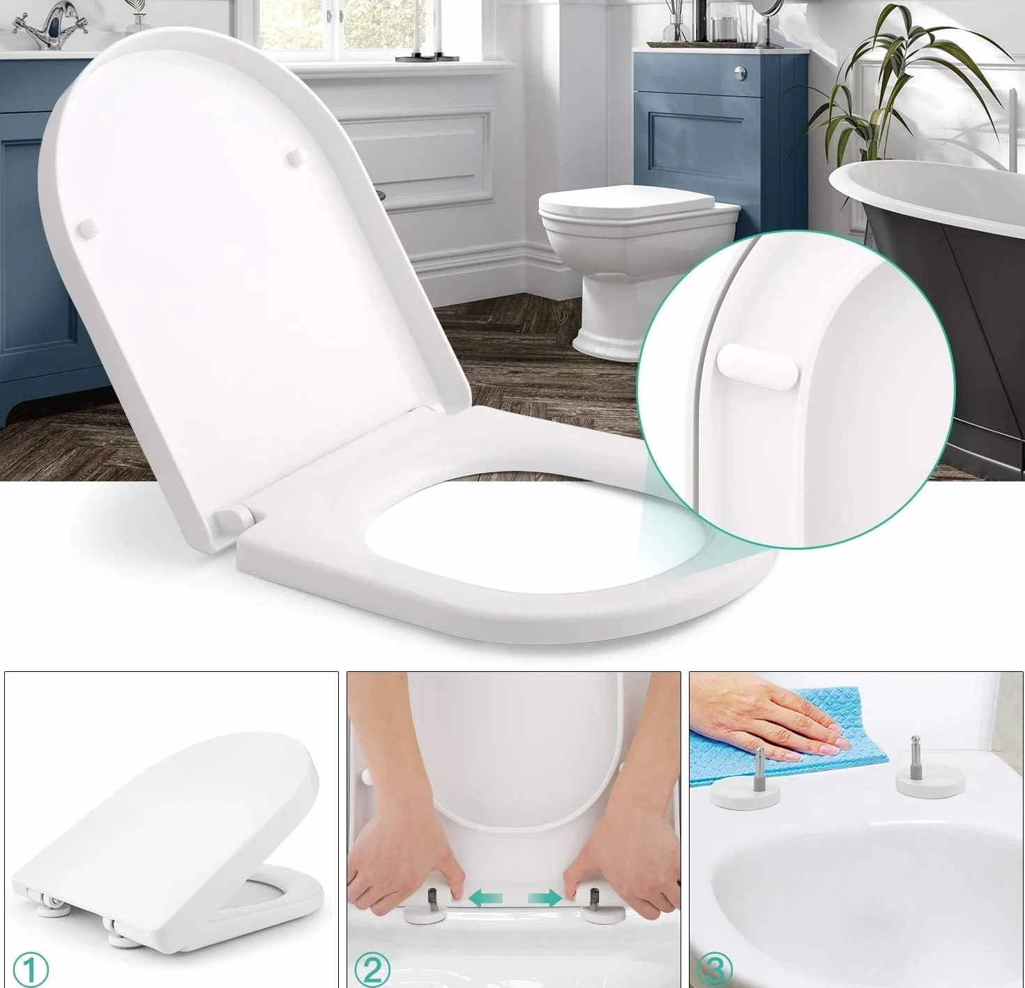 Himimi Tapa WC Universal, Asiento para Inodoro, Asiento de Inodoro en Forma de D, Tapas de Water Cierre Suave Lento, Bisagras Ajustables, Desmontaje Rápido, Fácil de Limpiar(450 x 361 x 53 mm)
