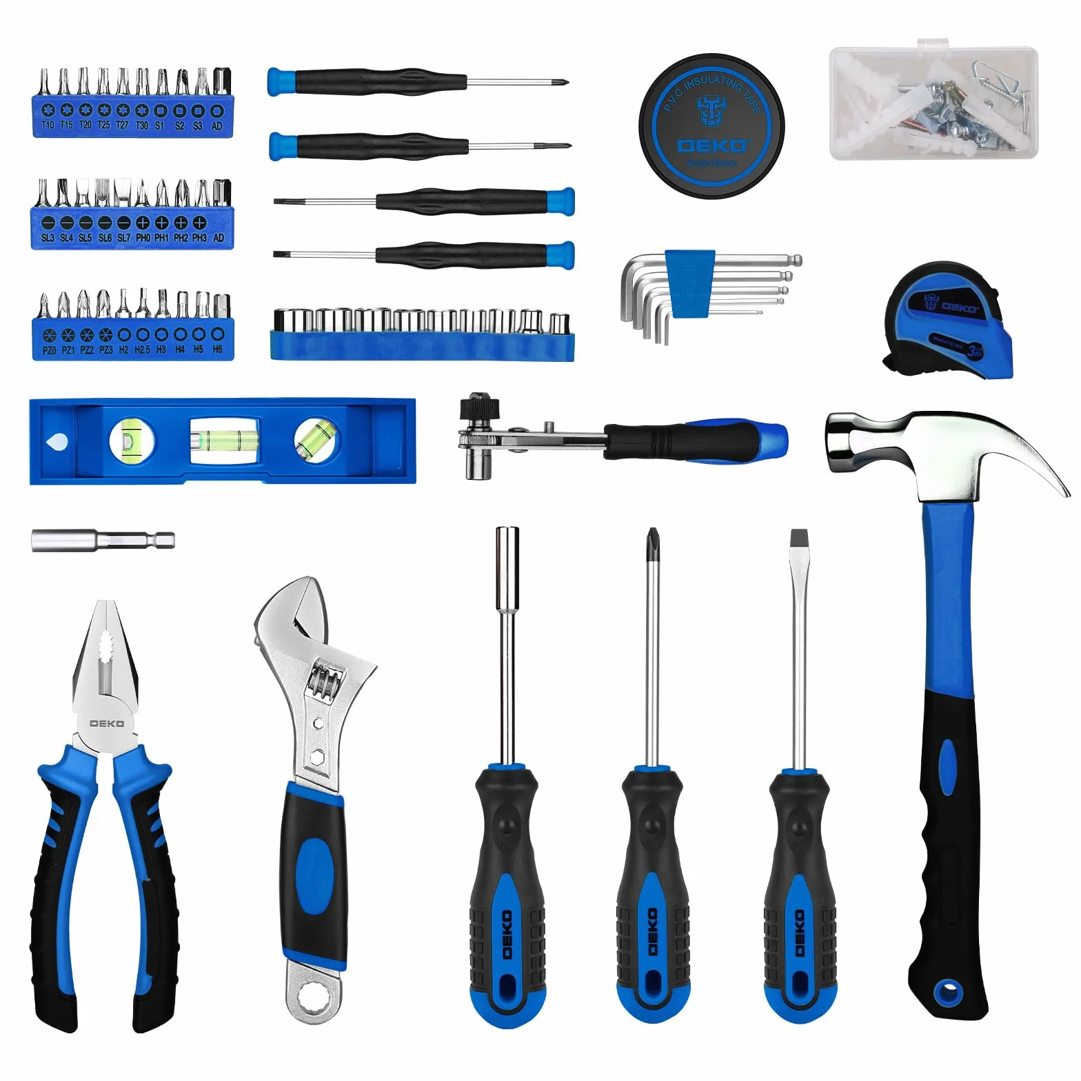 DEKO Caja de Herramientas de 100 Piezas Color Azul, Kit de Herramientas de Bricolaje para Hogar, Oficina y Coche, con Juego de Destornilladores, Martillo y Set de Alicates