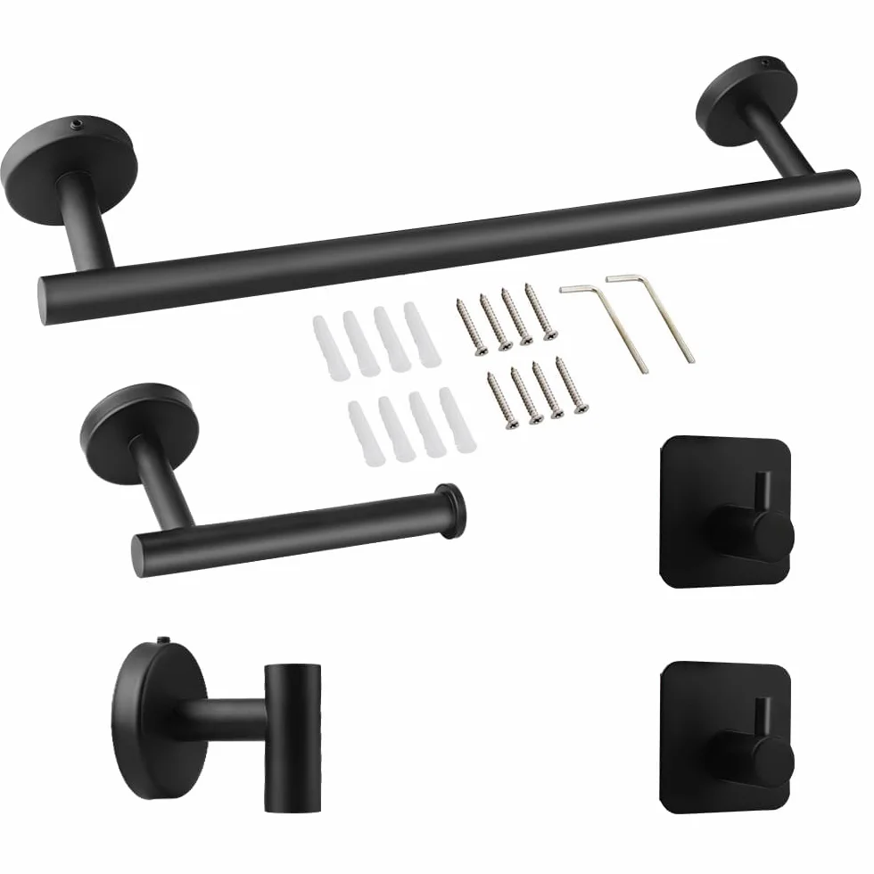 Toallero de Baño, Accesorios baño,Que Incluye 1 toallero, 1 portarrollos y 3 Ganchos. El Conjunto Completo Ofrece soluciones prácticas para el baño (Negro)