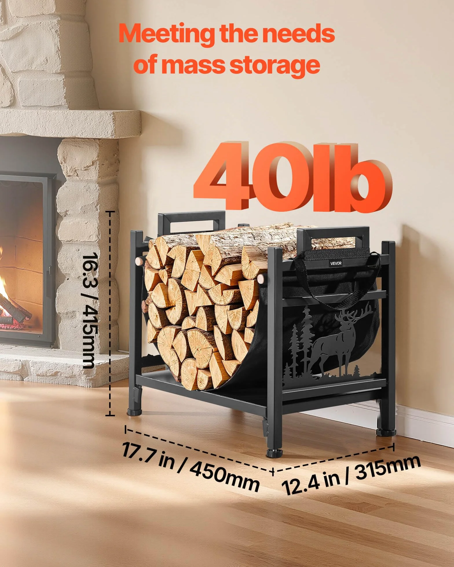 VEVOR Estante de Leña 450 x 315 x 415 mm Marco de Metal con Recubrimiento en Polvo Soporte de Leña Capacidad de 18,1 kg con Portador de Transporte de Lona Leñero Resistente para Chimenea, Negro