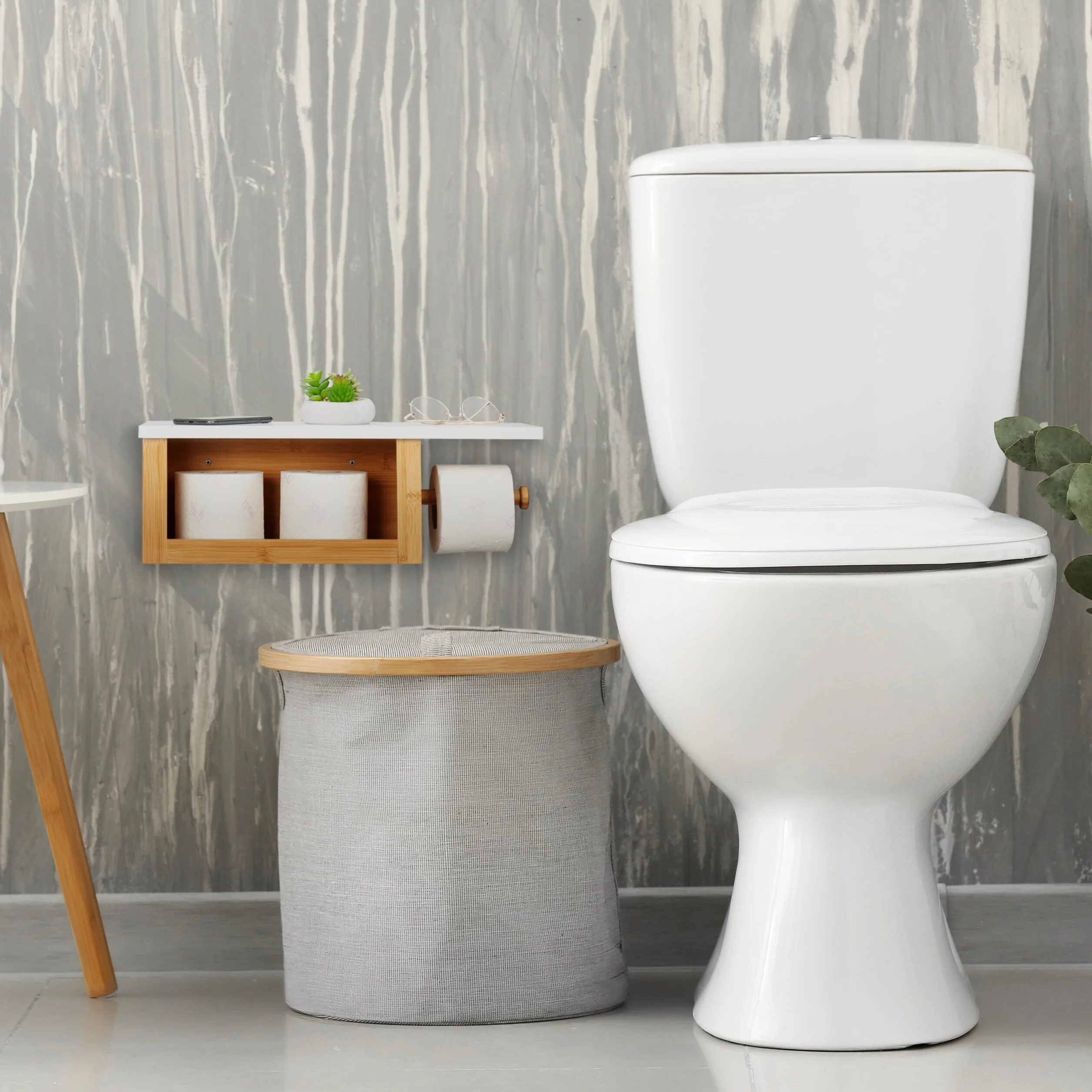 Relaxdays Portarrollos Baño Repisa, Dispensador Rollo Bambú, Compartimento Abierto, 17x50x18 cm, Pared, Natural y Blanco
