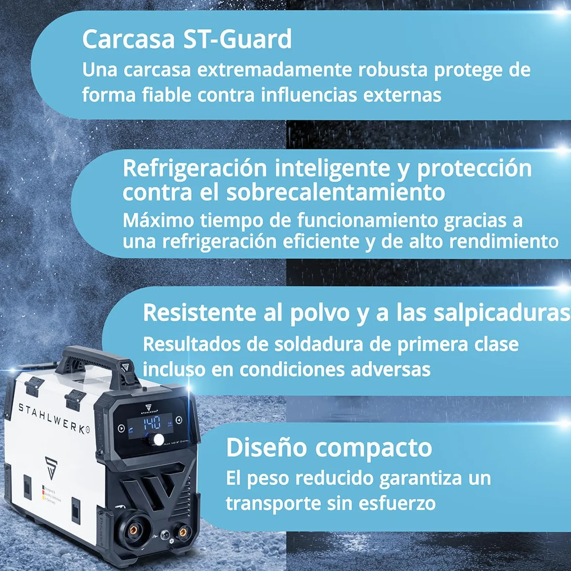 STAHLWERK Soldadora FLUX 140 ST Digital – Soldadura con hilo hueco sin gas protector hasta 140 A, compacta, avance de hilo sinérgico, luz LED integrada, función Lift-TIG & MMA (Electrodo/ARC), IGBT