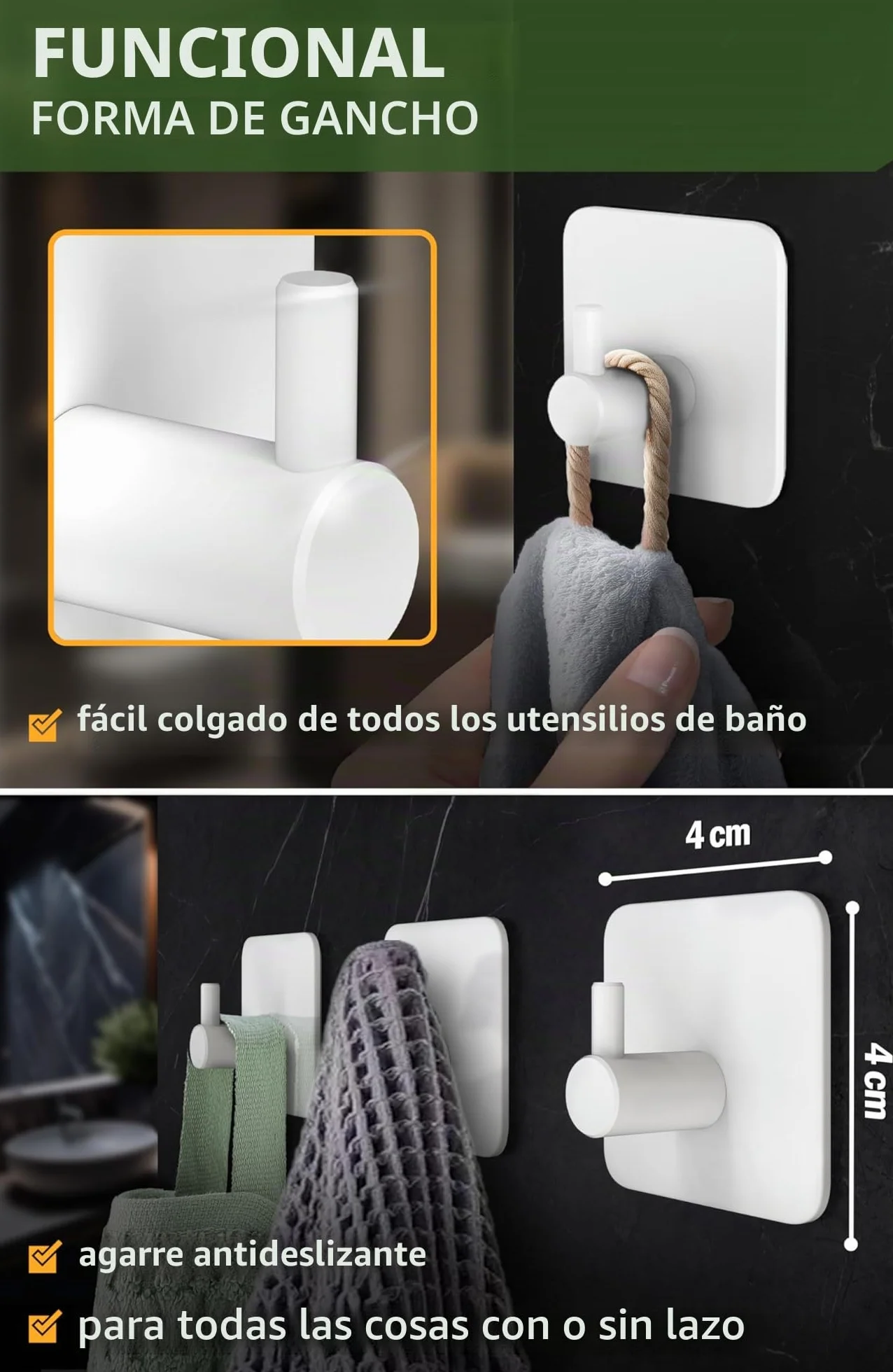 4smile ganchos adhesivos para pared - 6 piezas, Inoxidable - colgador toalla baño - toalleros sin taladro autoadhesivos resistentes, perchas para baño cocina, Blanco