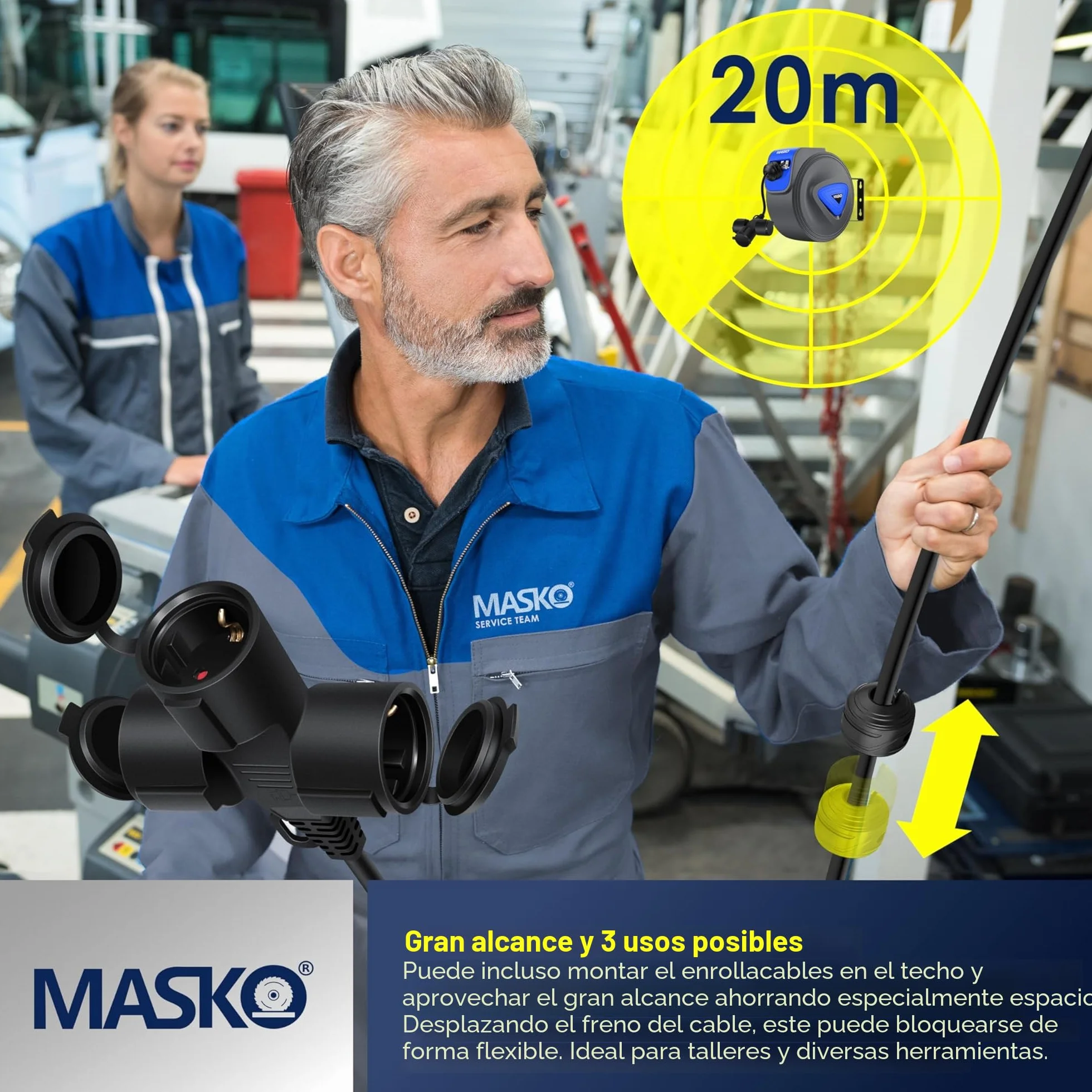 MASKO® Cable alargador automático de 20 m con conexión de 3 vías, giratorio 180°, cable de alimentación de 1,5 m, soporte de pared, enrollador de cables, enrollador de cables, incluye guantes