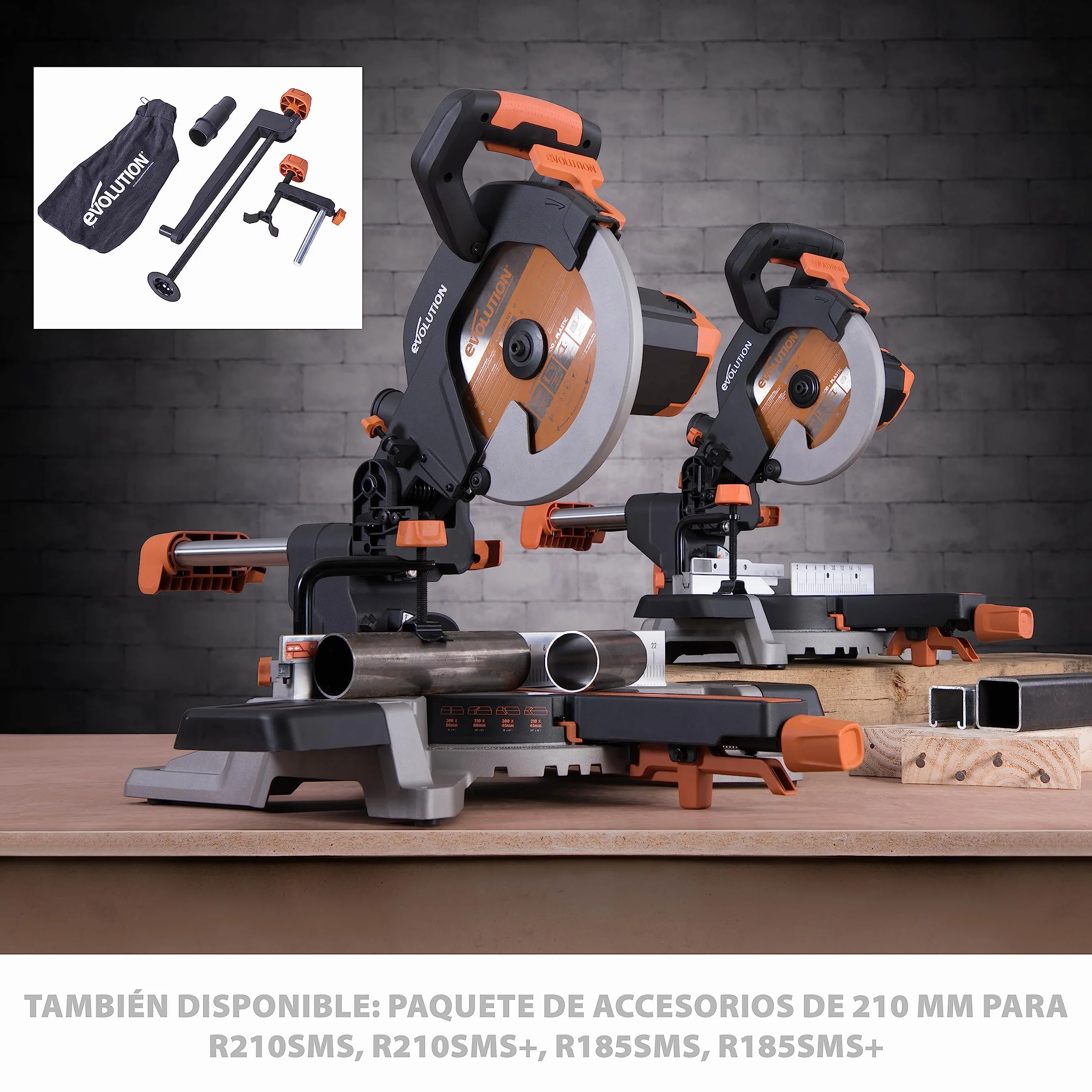 Evolution Power Tools R255SMS Pack accesorios sierra ingletadora 255 mm mordaza frontal superior saco captapolvo
