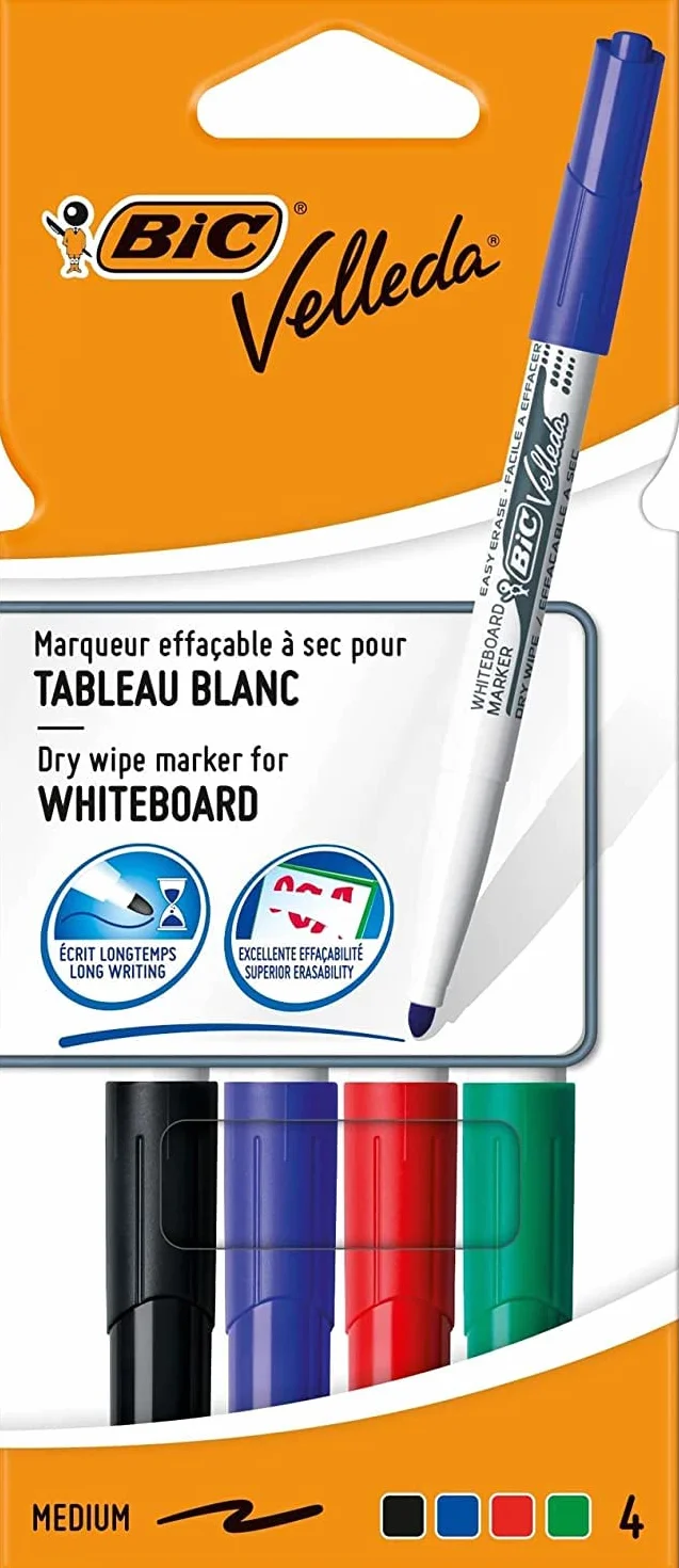 BIC Velleda 1741 - Rotuladores de pizarra blanca, punta media (4.5mm), caja de 4 unidades, colores surtidos