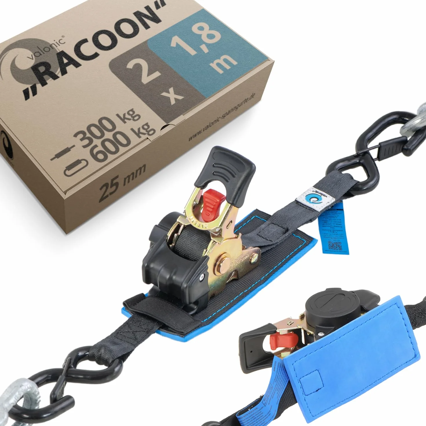 valonic Racoon - 2X 1,8m eslingas automáticas con carraca y Gancho, 25mm, 300/600 Kg, Acolchado, EN-12195-2 - cinchas de Amarre con trinquete, para Sup Board o Moto, Negro