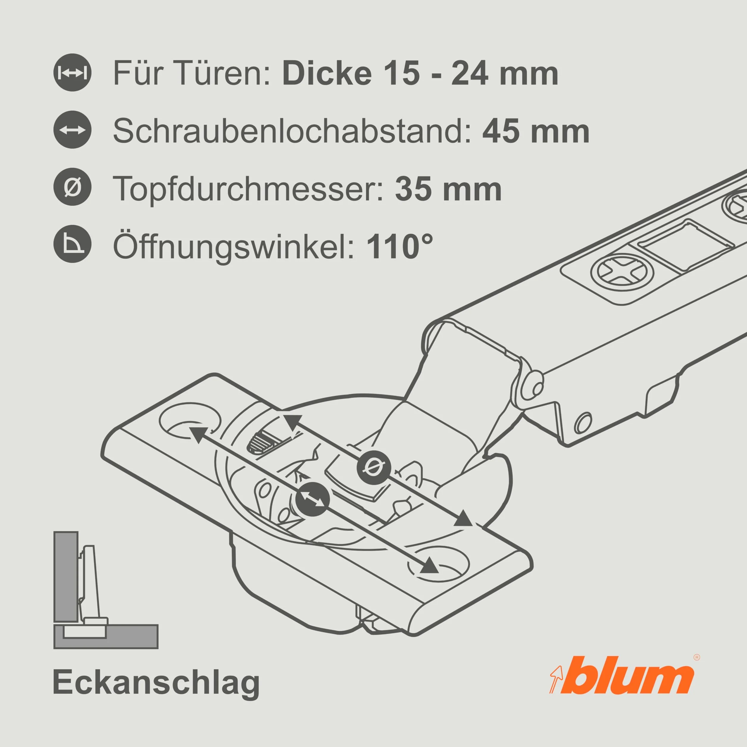 blum 10x bisagra para muebles CLIP top BLUMOTION 110° I bisagra de cazoleta Soft-close 35 mm I base en cruz CLIP montable por separado, distancia 0 mm | ajuste 3D del frente | Niquelado | angular