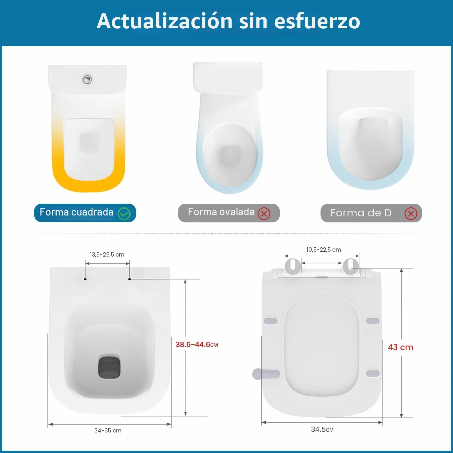 Asiento de Inodoro Cuadrado con Cierre Suave, Tapa WC Ultrafino, Liberación Rápida, Universal 42.5x34.5cm
