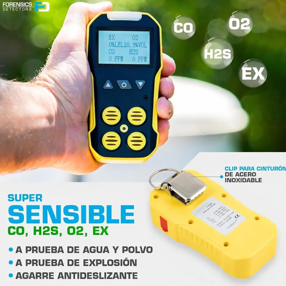 Detector de 4 Gases O2 CO H2S LEL Certificado de Calibración Recarga USB Alarmas Pantalla Grande