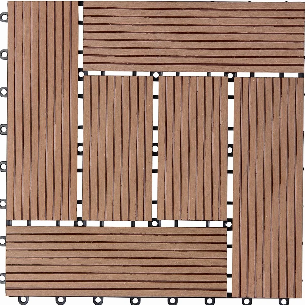 BAKAJI Juego de 11 piezas de azulejos WPC para jardín exterior, patio, balcón, suelo con drenaje de agua, azulejos de montaje empotrado, resistente a los agentes atmosféricos, diseño incrustado