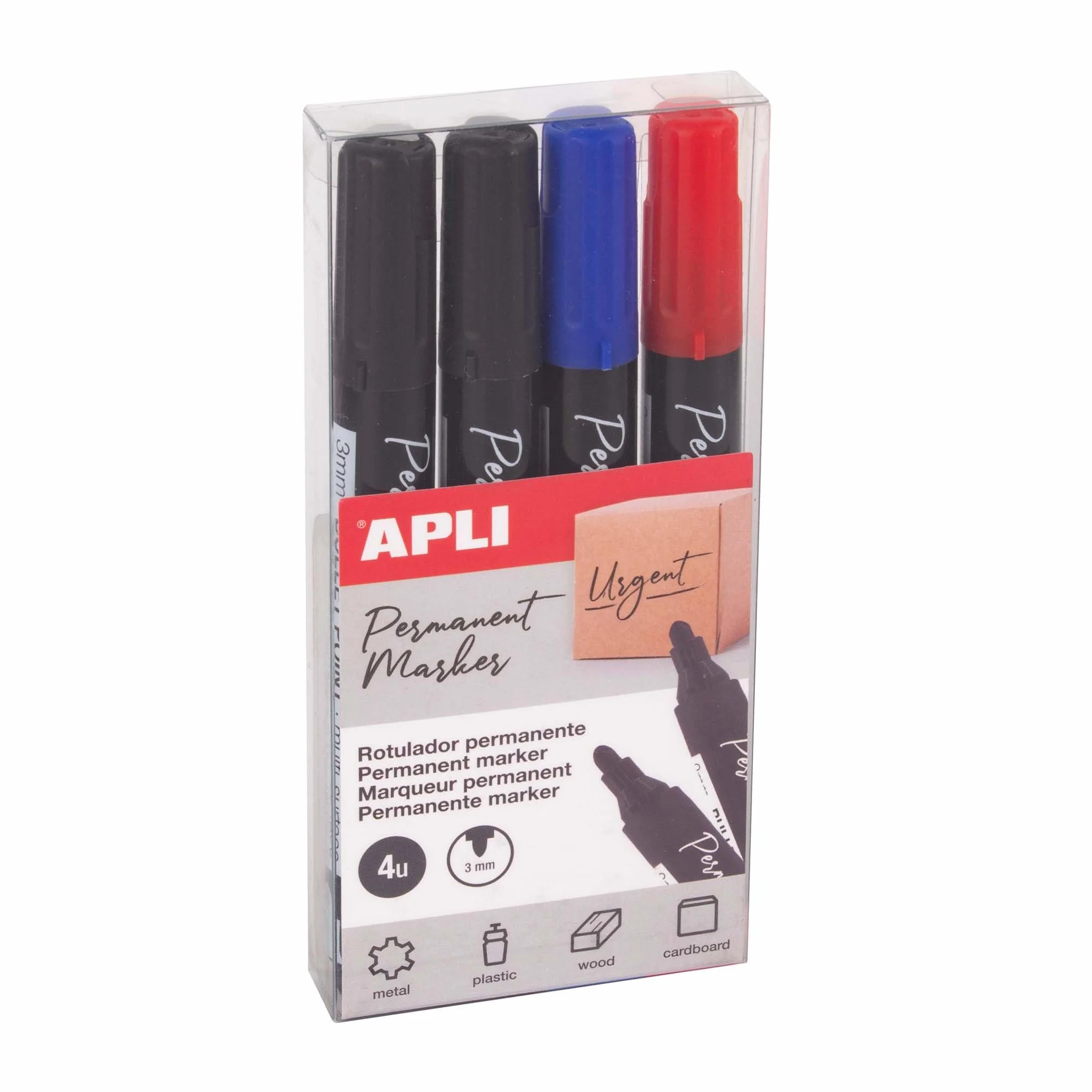 APLI 19685 Pack de 4 marcadores permanentes punta redonda 3mm colores surtidos
