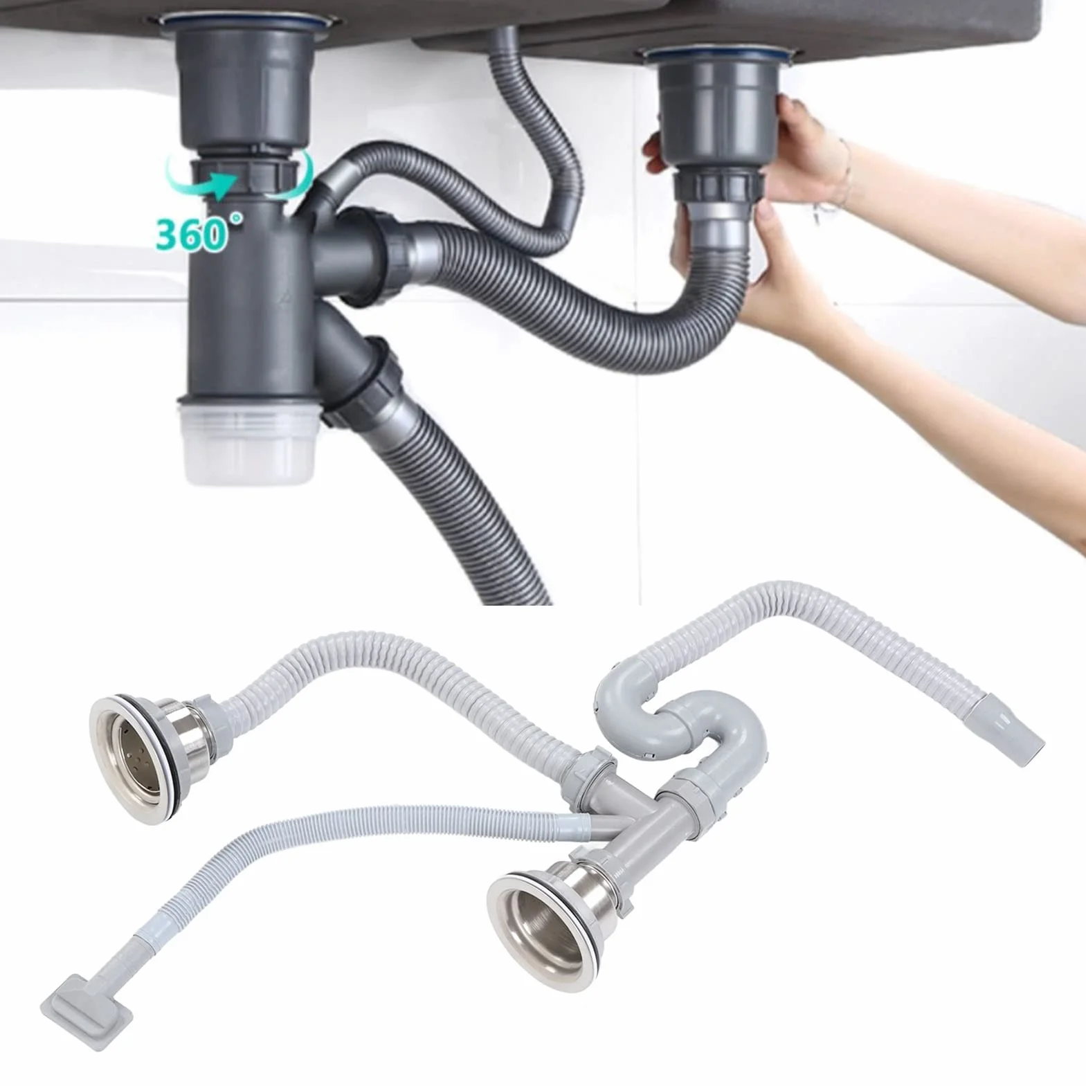 Tubo escurridor de fregadero de cocina de acero inoxidable y ABS con doble drenaje, drenaje rápido, fácil instalación para baño y hogar