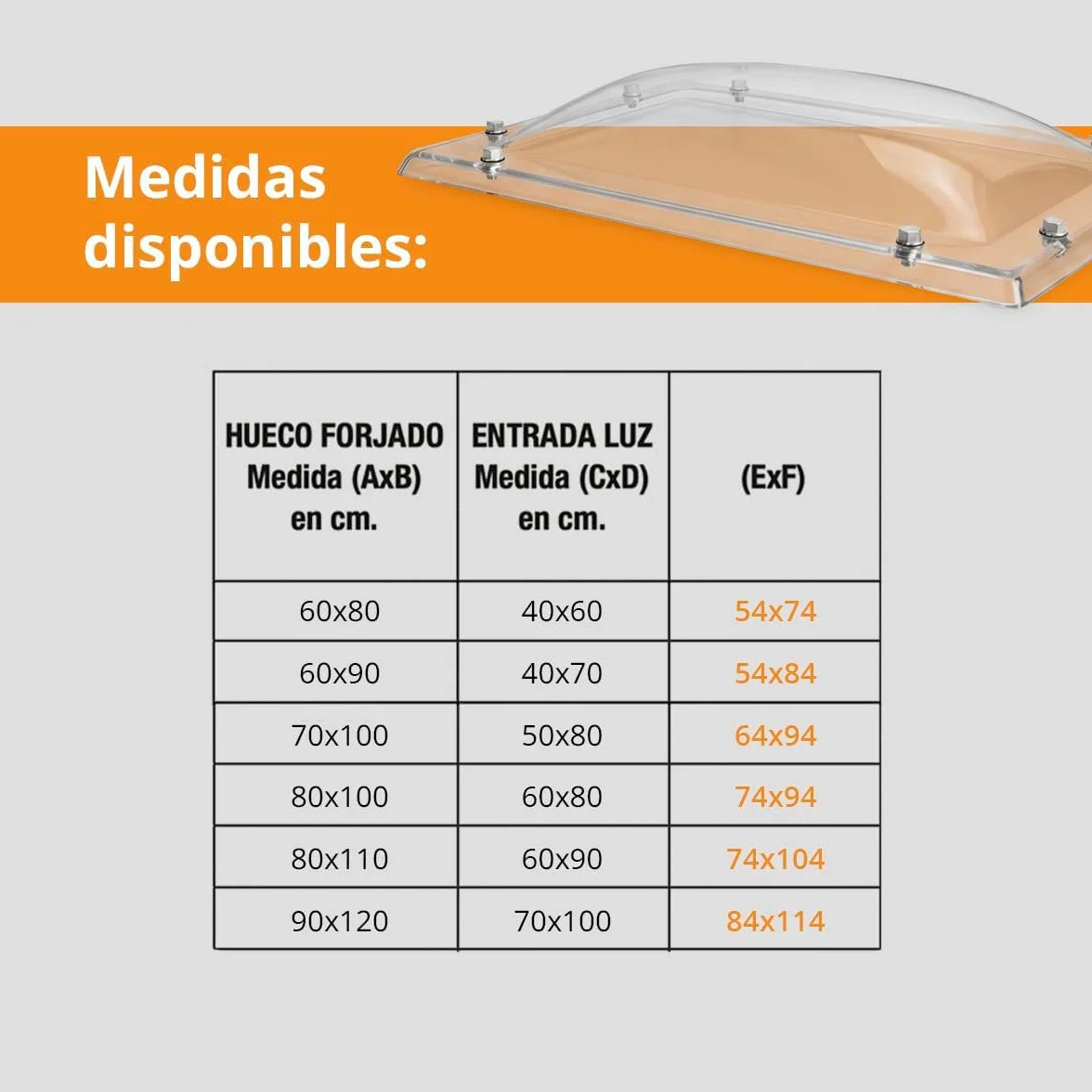 Cúpula Transparente para Claraboya techo Rectangular - Incluye Juntas, Fijaciones y Accesorios de Montaje - Tragaluz - Fabricada en Metacrilato - CxD = 40 x 70 cm - ExF = 54 x 84 cm