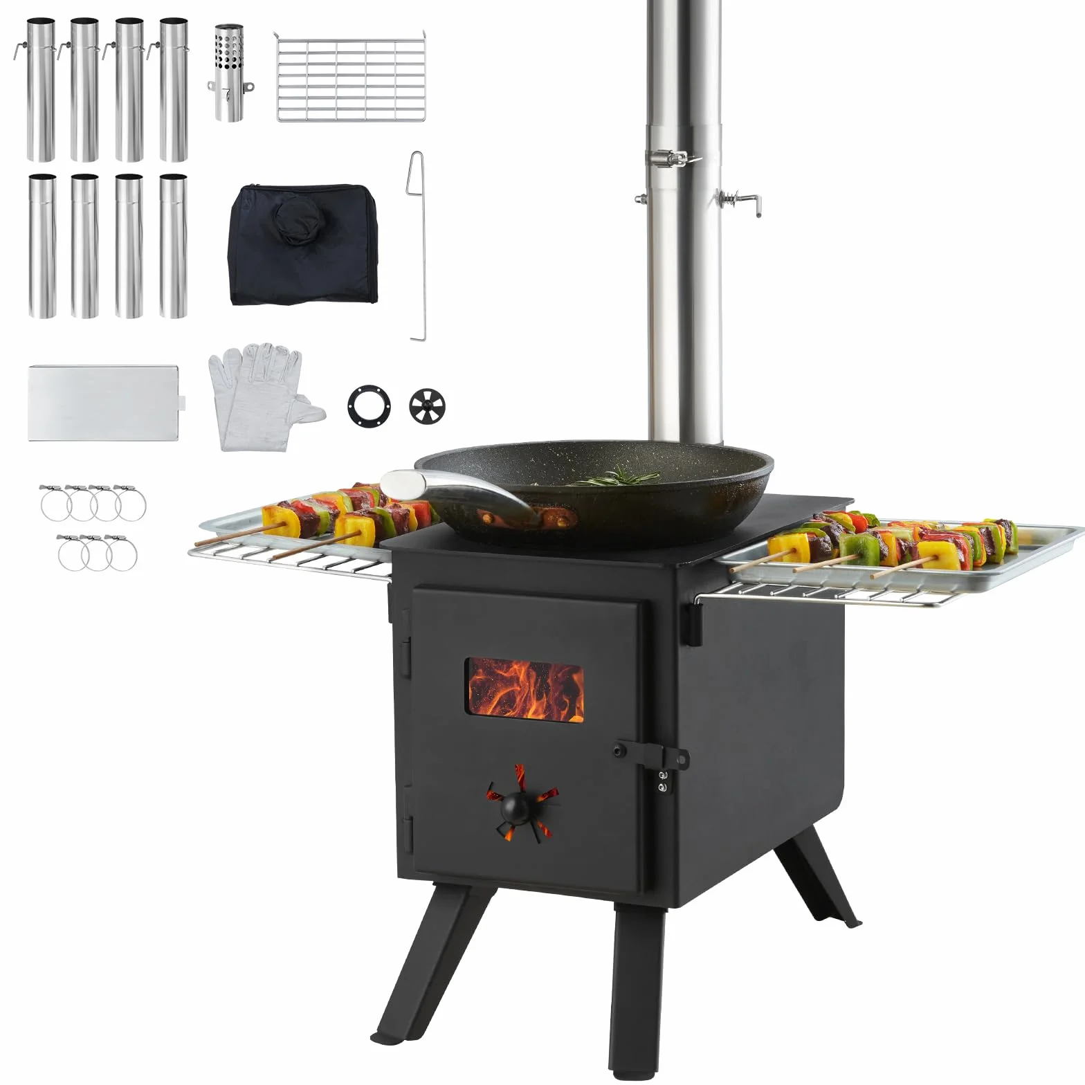 VEVOR Estufa de Leña Portátil para Tienda de Campaña Acero Aleación 8 Tubos Chimenea Guantes 394 x 608 x 425 mm