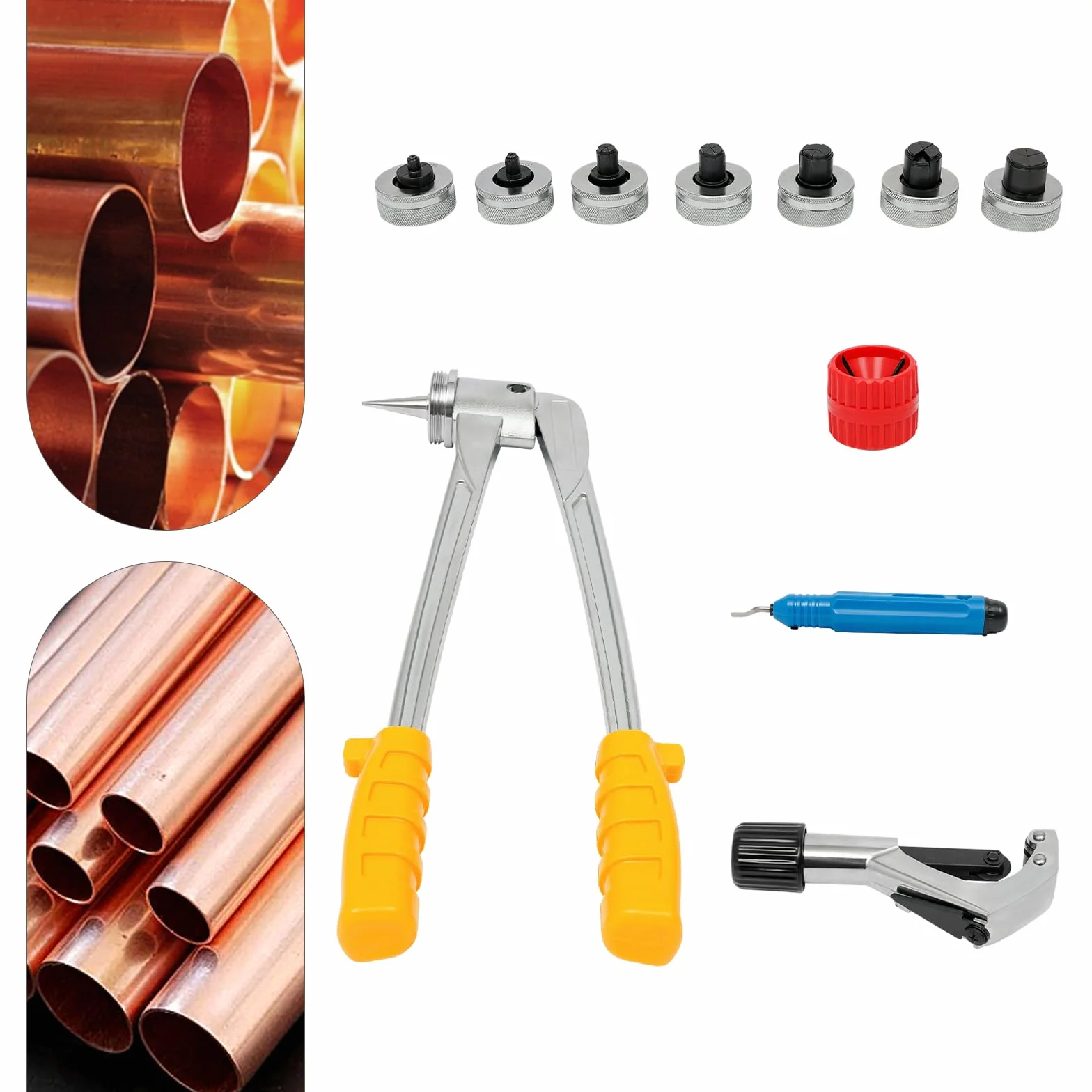 Juego de expansores de tubos manuales (10-28 mm), 7 piezas con maletín, para tubos de cobre, latón y aluminio, herramienta de expansión de tubos de palanca para aire acondicionado y fontanería