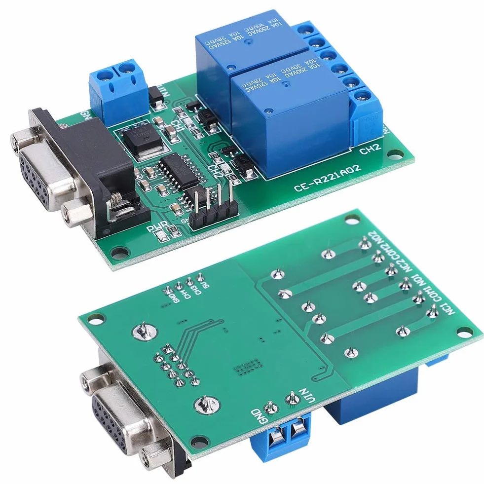Módulo Relé DC 12V 2 Canales con Interfaz DB9 Protocolo UART RS232 Placa de Control Remoto para Circuito