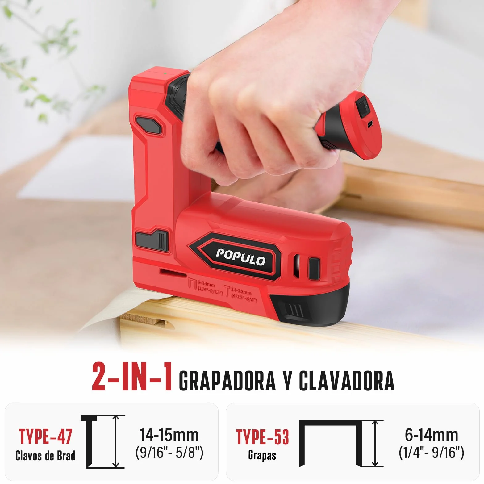 POPULO Pistola grapadora eléctrica, 2 en 1, grapadora eléctrica Tacker 4V, kit de clavadora Brad inalámbrica de 4V, pistola de clavos alimentada por batería para tapicería, carpintería, bricolaje con