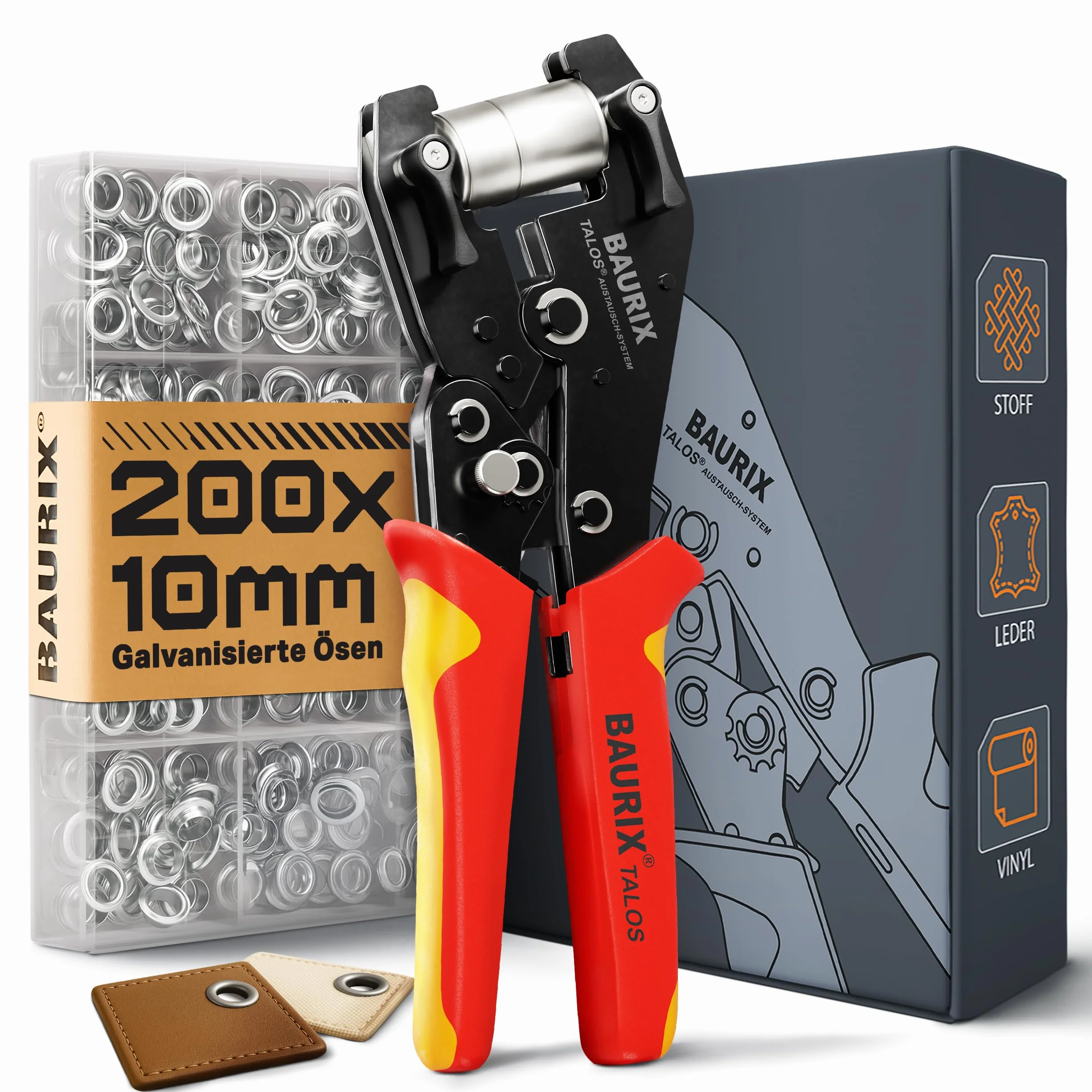 BAURIX® Alicate para Ojales con 200 Ojetes de Metal (Ø10mm) – Perforación Automática sin Troquelado Previo – para Lonas, Telas, Cuero y Textiles – ideal para Bricolaje y Costura - TALOS
