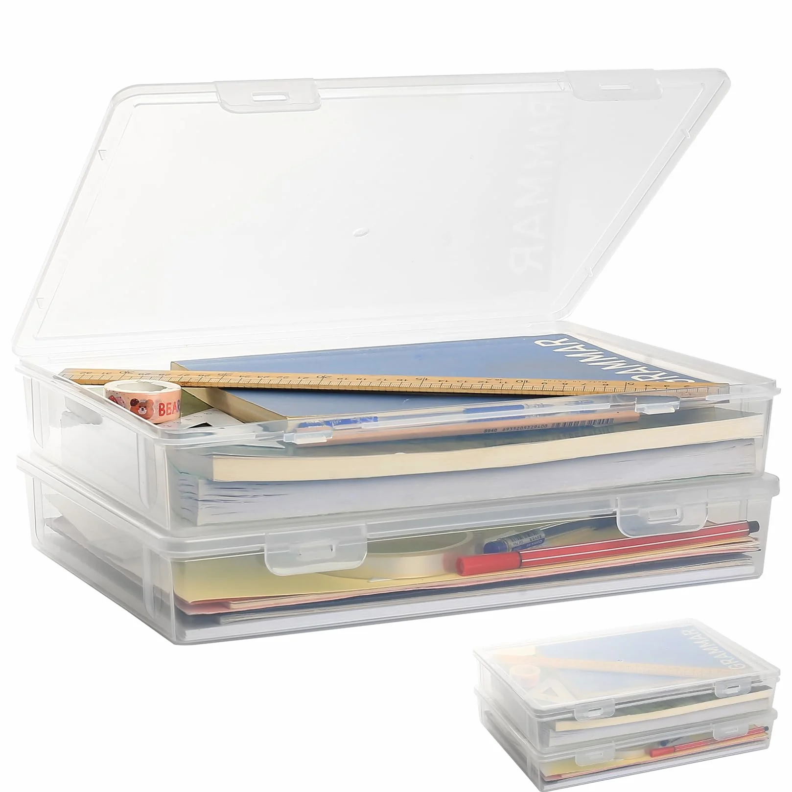 Caja de Almacenamiento A4, 2 Unidades Caja de Plástico Polivalente con Tapa - Transparente y Estable para Apilar para Documentos, Materiales de Manualidades y Oficina (31x22x5cm)