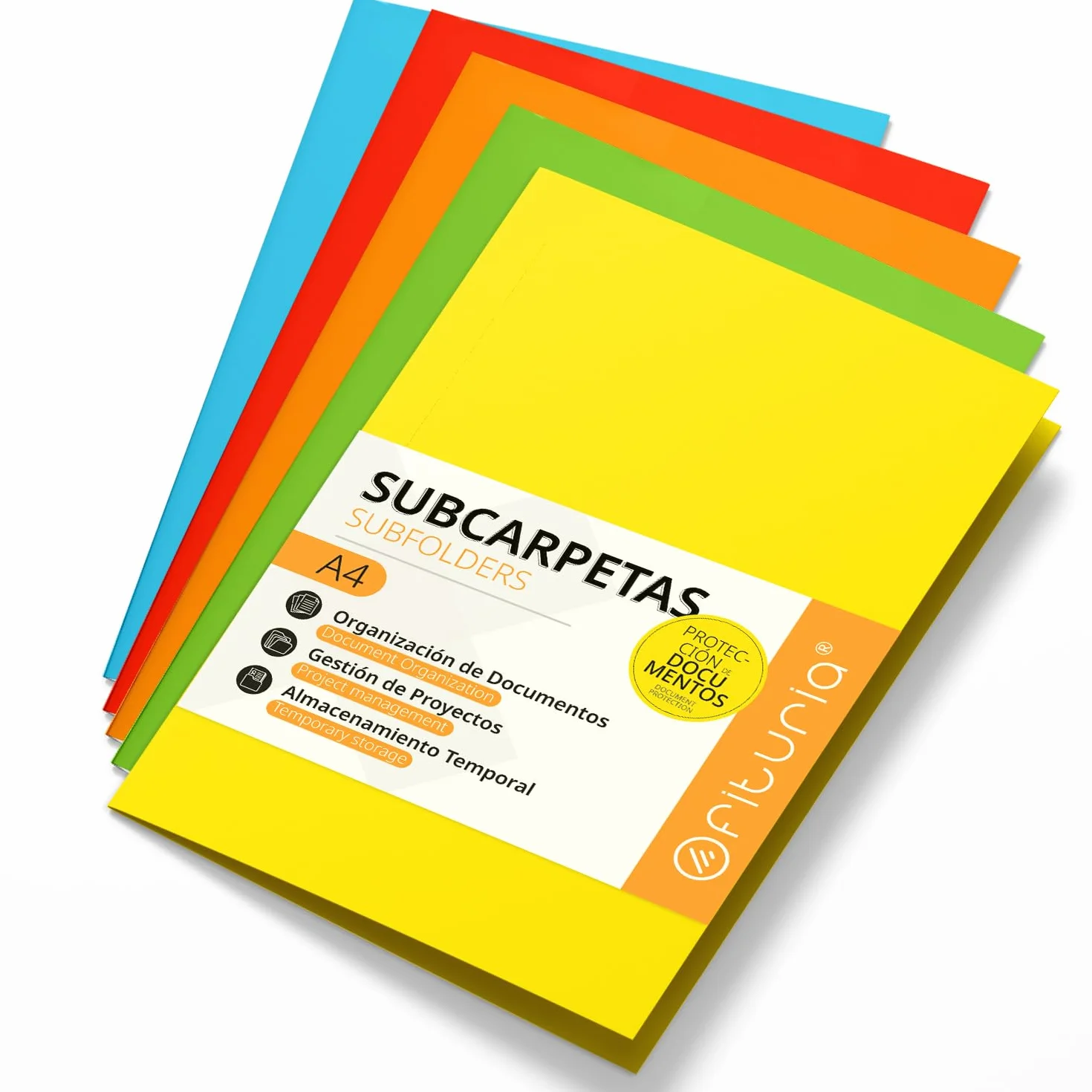 Subcarpetas Cartulina A4, Carpetas Archivadoras de Papel 180gr, Carpeta Clasificadora para Documentos, Pack de 15 Subcarpetas de Colores para Archivar y Ordenar - Ofituria (Surtido Intenso)