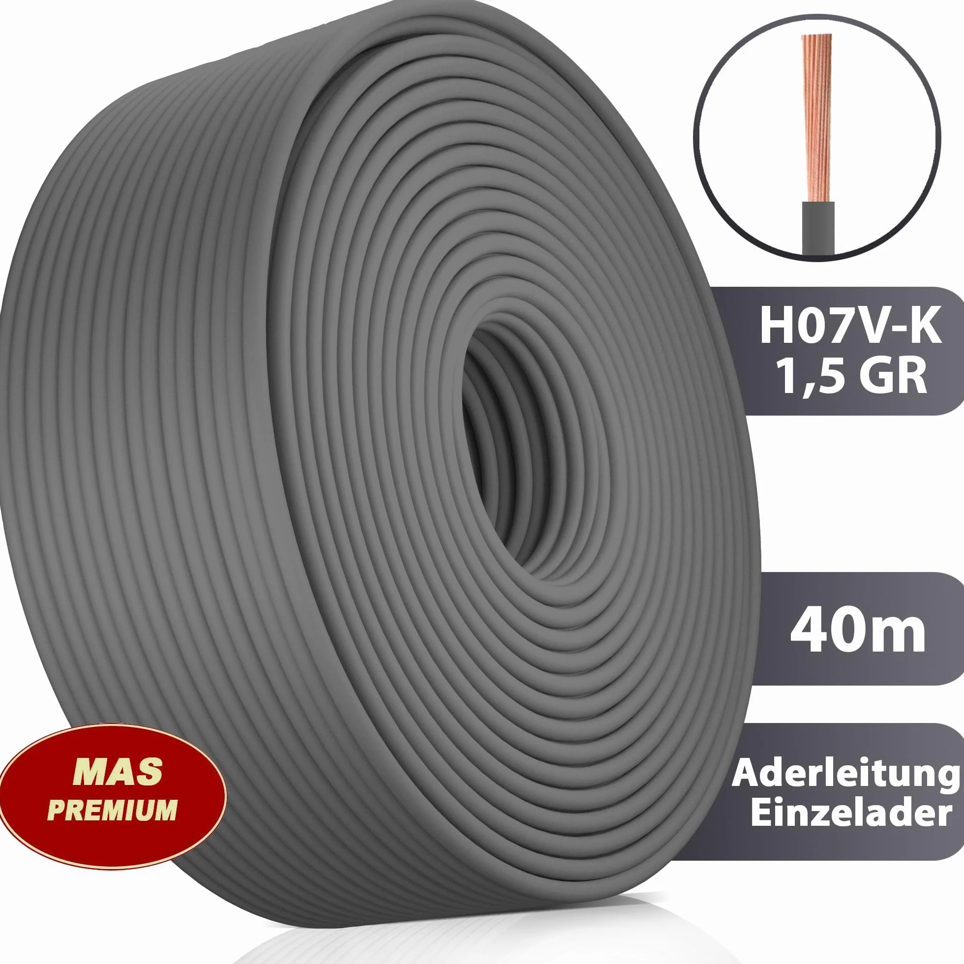 Cable de 5 a 100 m H07 V-K 1 x 1,5 mm², cable flexible simple (gris, 40 m)