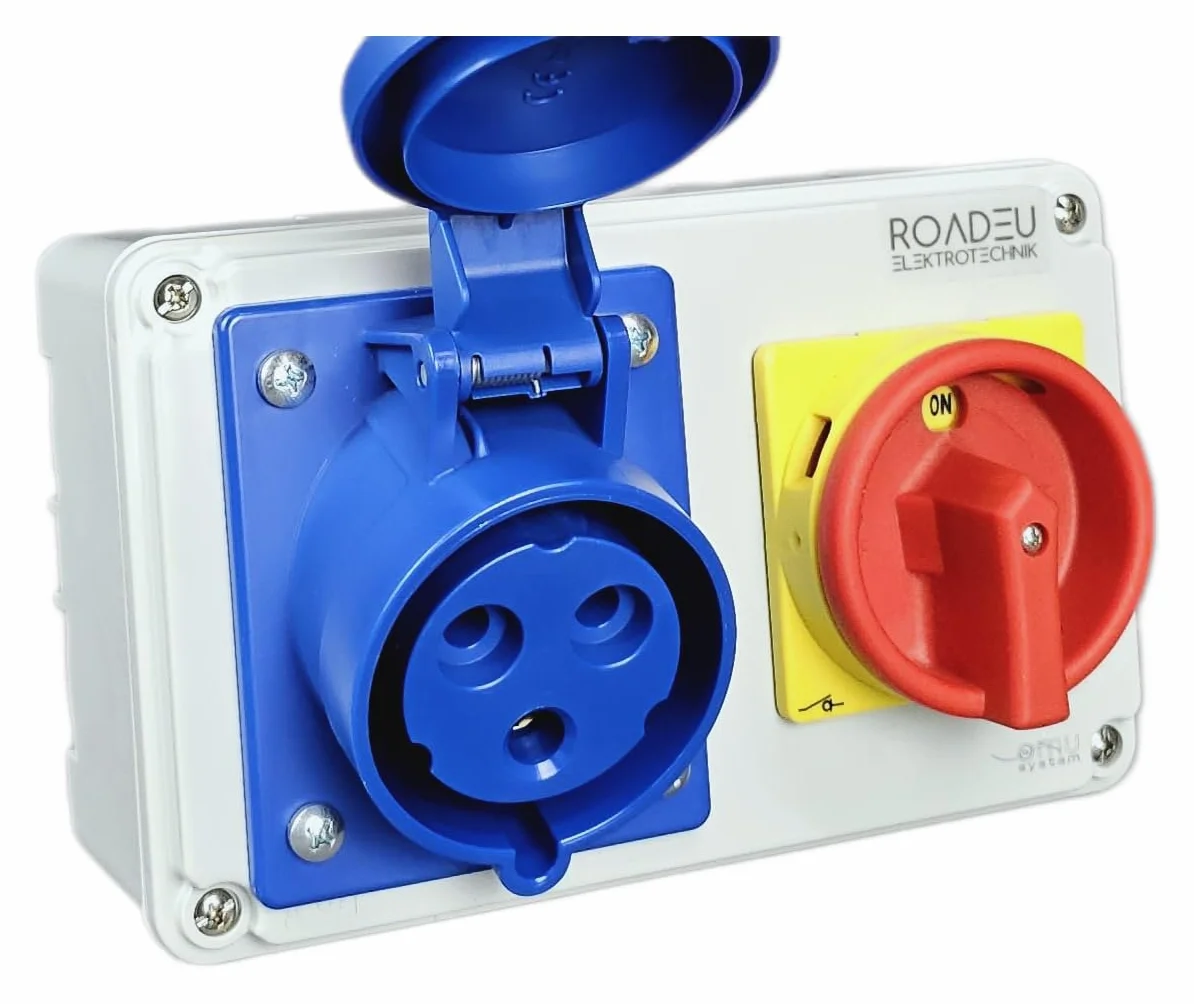 RoadEu - Enchufe de pared CEE 32A 3P 230V con interruptor principal 0-1 - Distribuidor de corriente con bloqueo - IP44 resistente a la intemperie - para taller, jardín, garaje