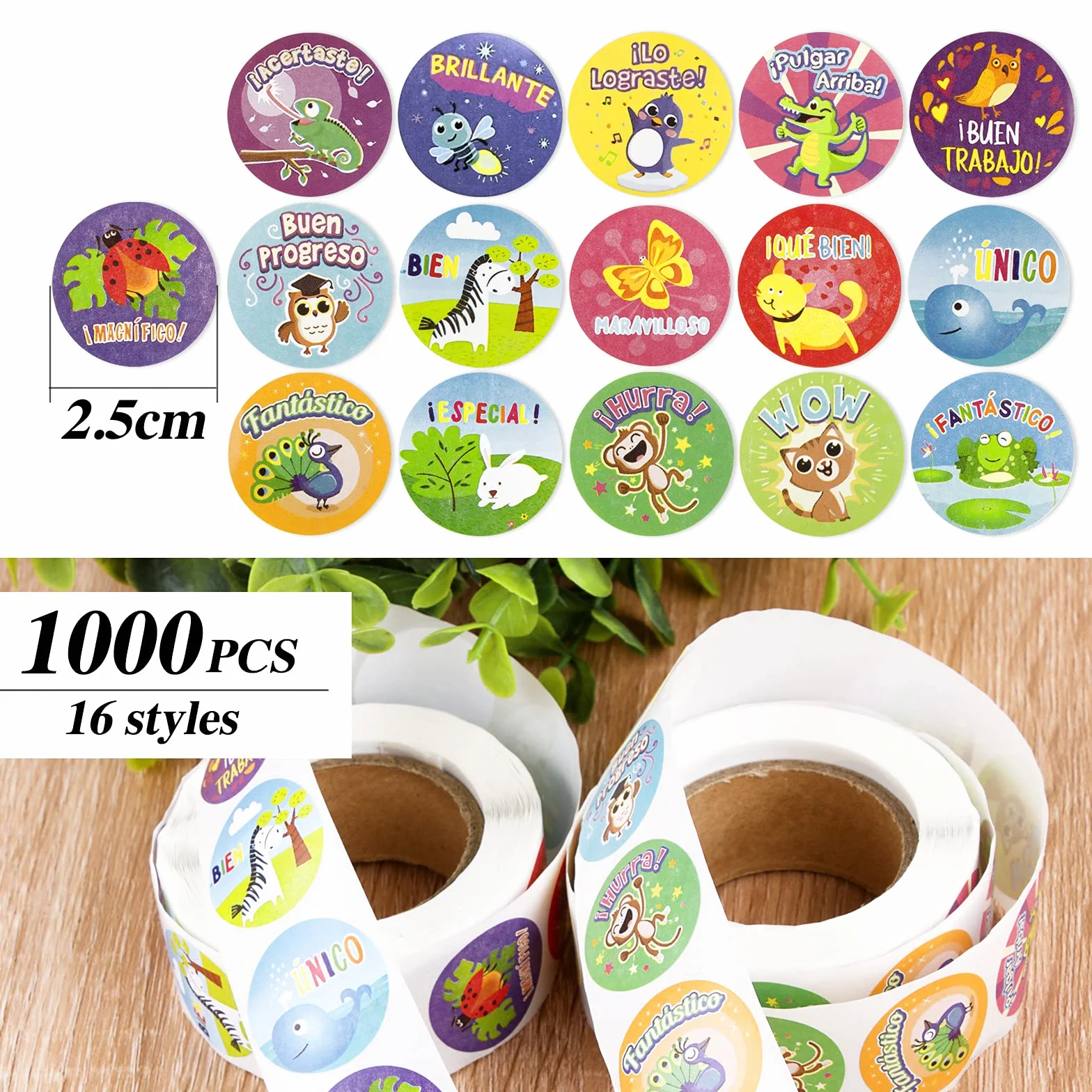 Pegatinas de recompensa en español 2,5 cm autoadhesivas animales decoración infantil profesor regalo