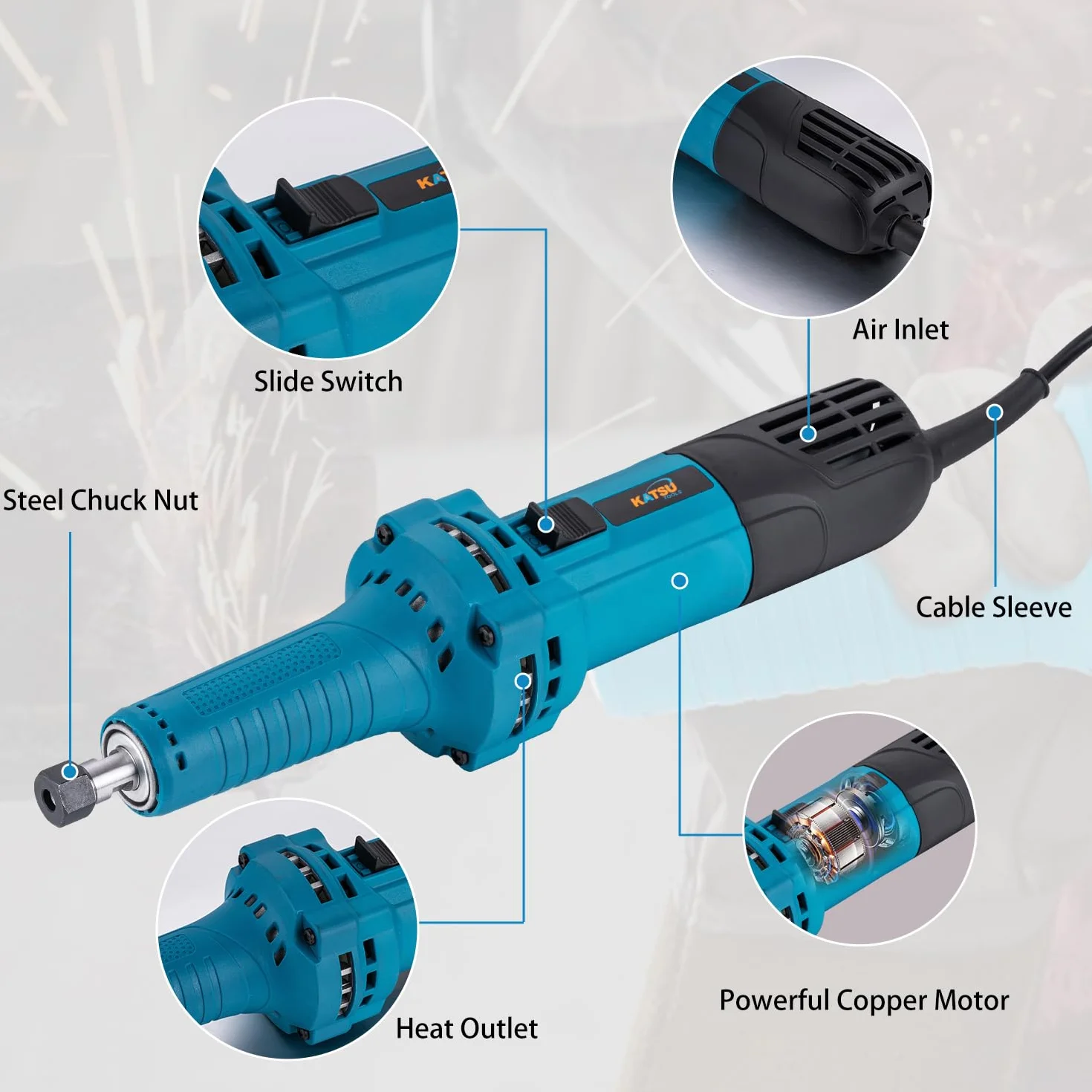 KATSU Tools Amoladora troqueladora, amoladora recta eléctrica profesional de 710 W, herramienta rotativa con portabrocas de 6 mm y 6,35 mm para pulir, pulir, grabar y tallar