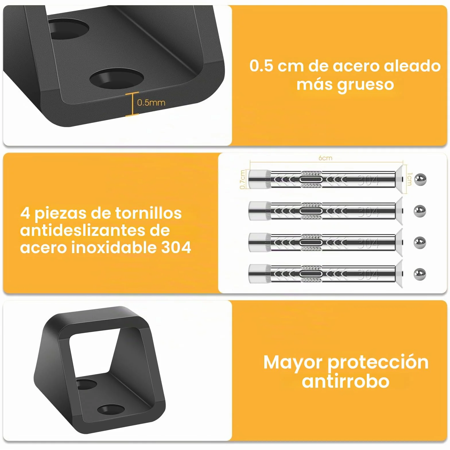 Anclaje de pared para bicicleta de acero de 5 mm de grosor, antirrobo, para bicicletas, con 4 juegos de tornillos de acero inoxidable 304, anclaje de pared estable