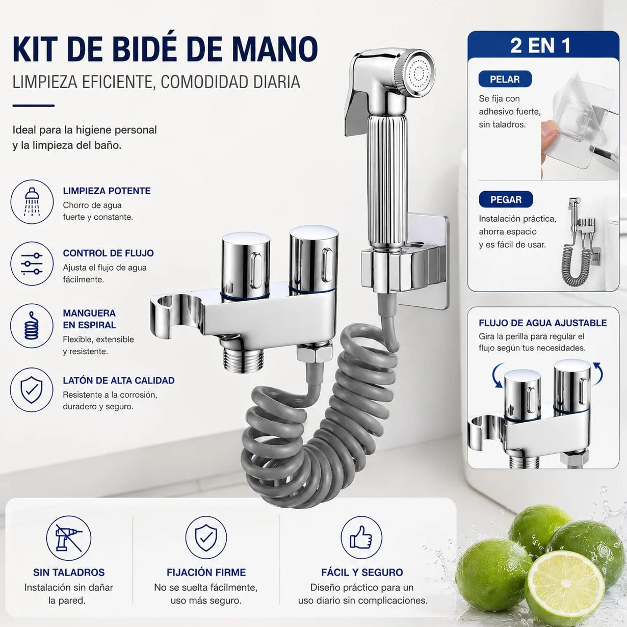 Ducha Higiénica WC con Doble Soporte, Latón Cromado | Manguera espiral flexible | Válvula ajustable | Pistola de latón | Kit bidé WC | Doble soporte