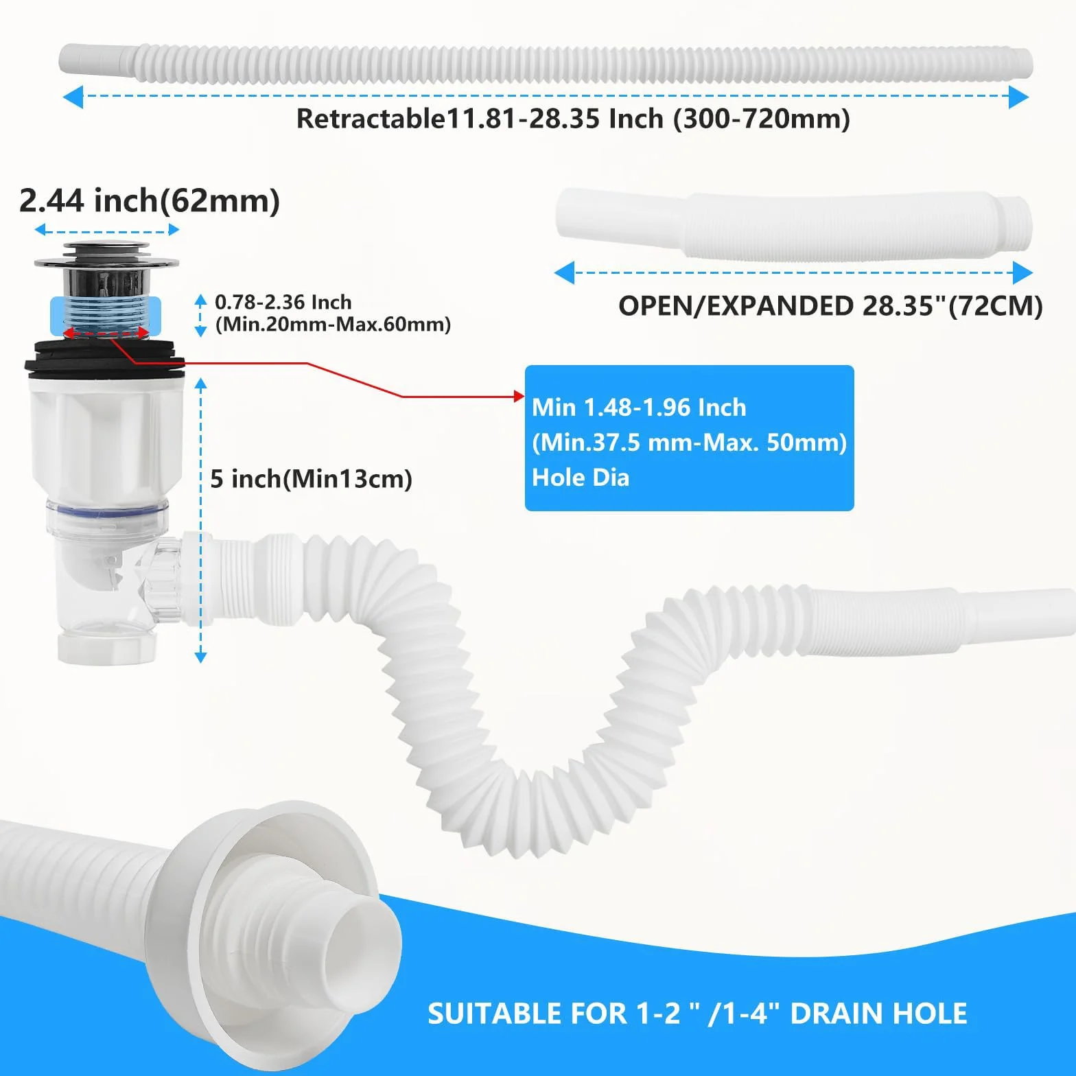 Sifón Lavabo Flexible Kit, Desague Lavabo con Tubo Fregadero y Filtro Emergente, Blanco