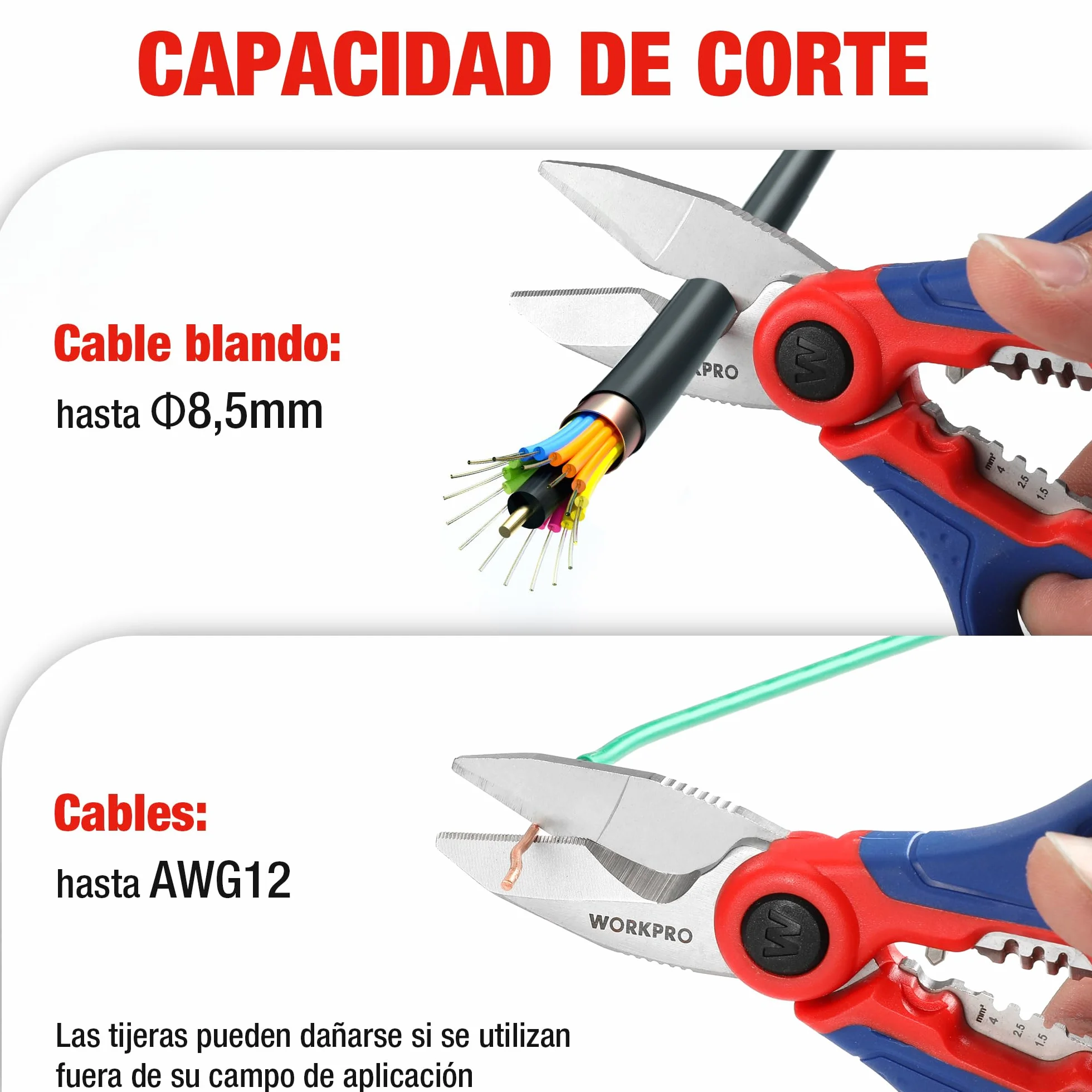 WORKPRO Tijeras Electricista Multifuncionales de Acero Inoxidable 163 mm
