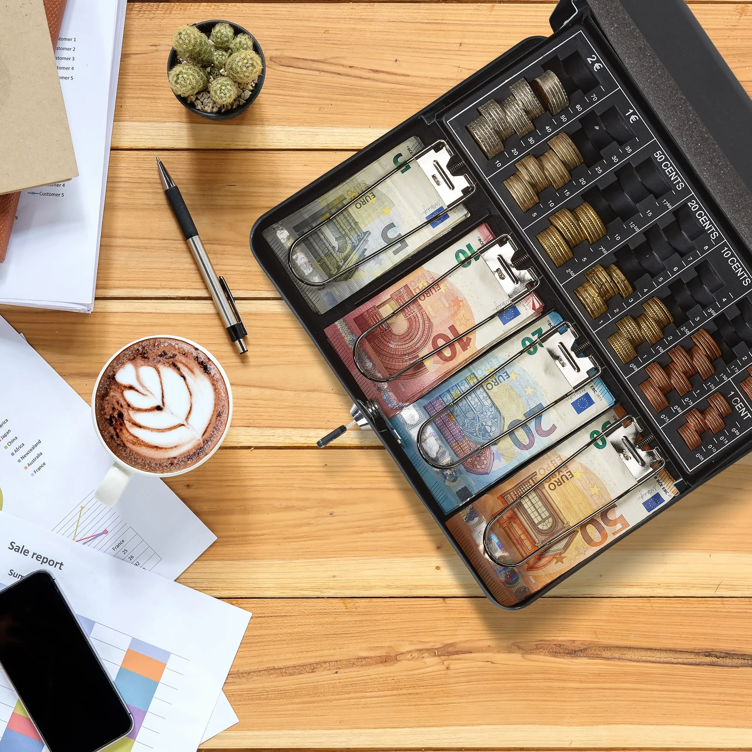 Relaxdays Caja Dinero con Llave, Bandeja Monedas y 4 Compartimentos Billetes, Cajita Hierro, 8,5x30,5x24,5 cm, Blanco
