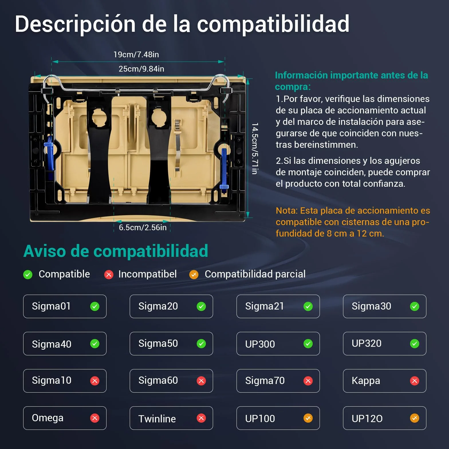 Empyreal placa actuador reemplazo panel frontal de cisterna de inodoro, con juego de varillas de descarga y marco de fijación, para Geberit Sigma 01,20,30, descarga doble(Oro Mate)