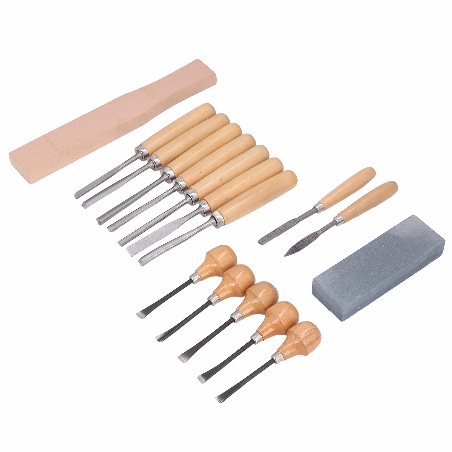 Juego de 16 Piezas de Herramientas para Tallar Madera - Kit de Cinceles y Gubias Profesionales con Mazo, Lima y Piedra de Afilar para Carpintería y Tallas