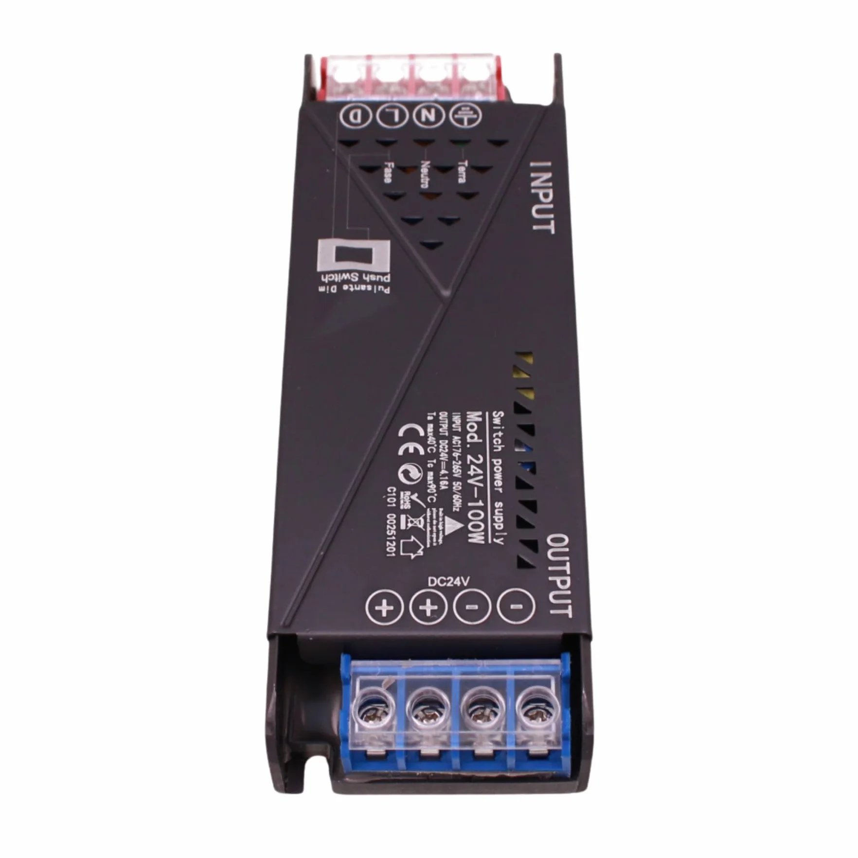 Transformador Tira Led 24v Regulable 100W, dimmerizable con pulsador NO (10-100%), memoria tras apagón y apagado progresivo, 2 salidas para tiras LED, Push Dimmer integrado