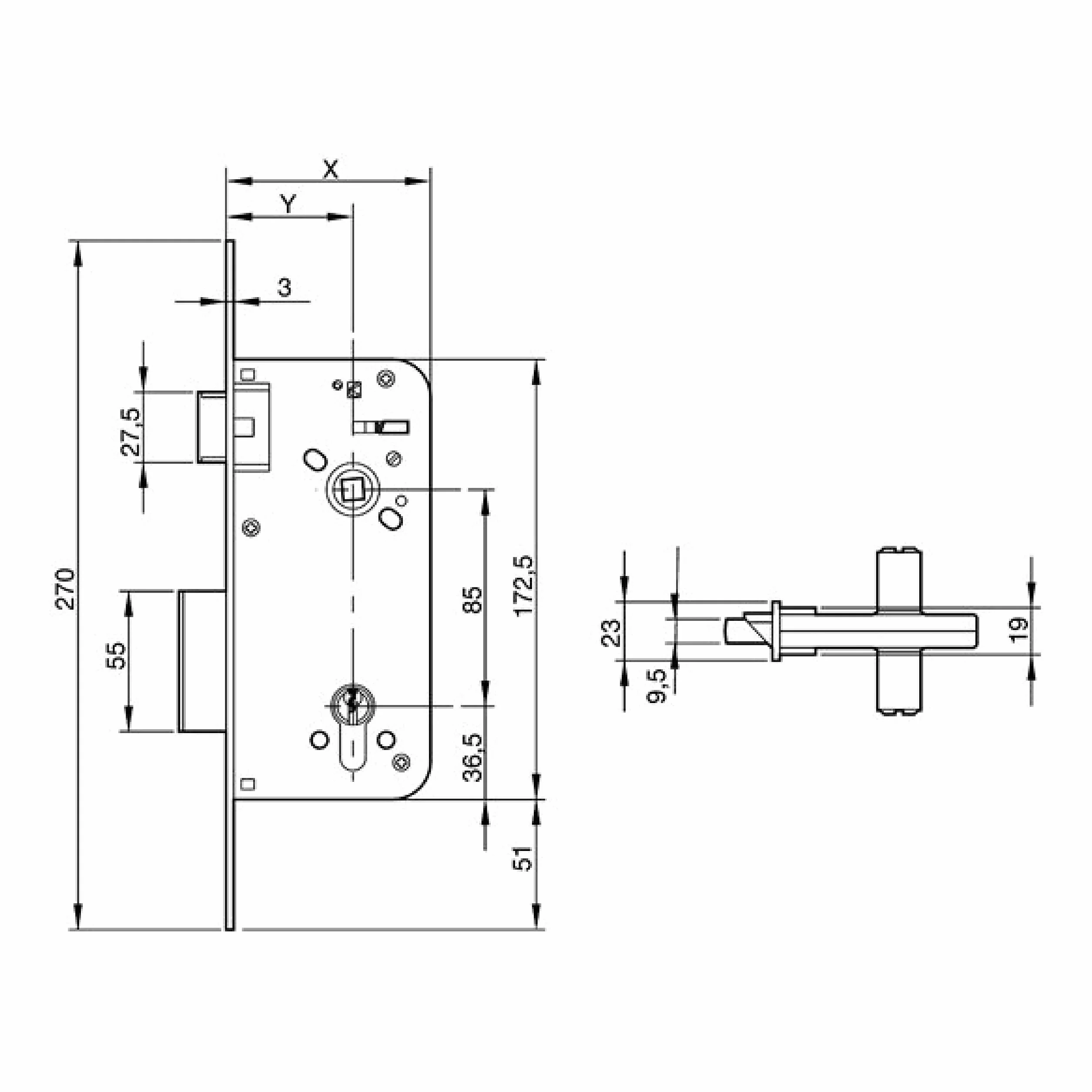 Yale Cerraduras De Embutir Estándar Para Puertas: Entrada 50 mm, Acero aleado, Latonado Cerradura de embutir de un punto de cierre de caja cerrada, Cilindro monoblock de 60