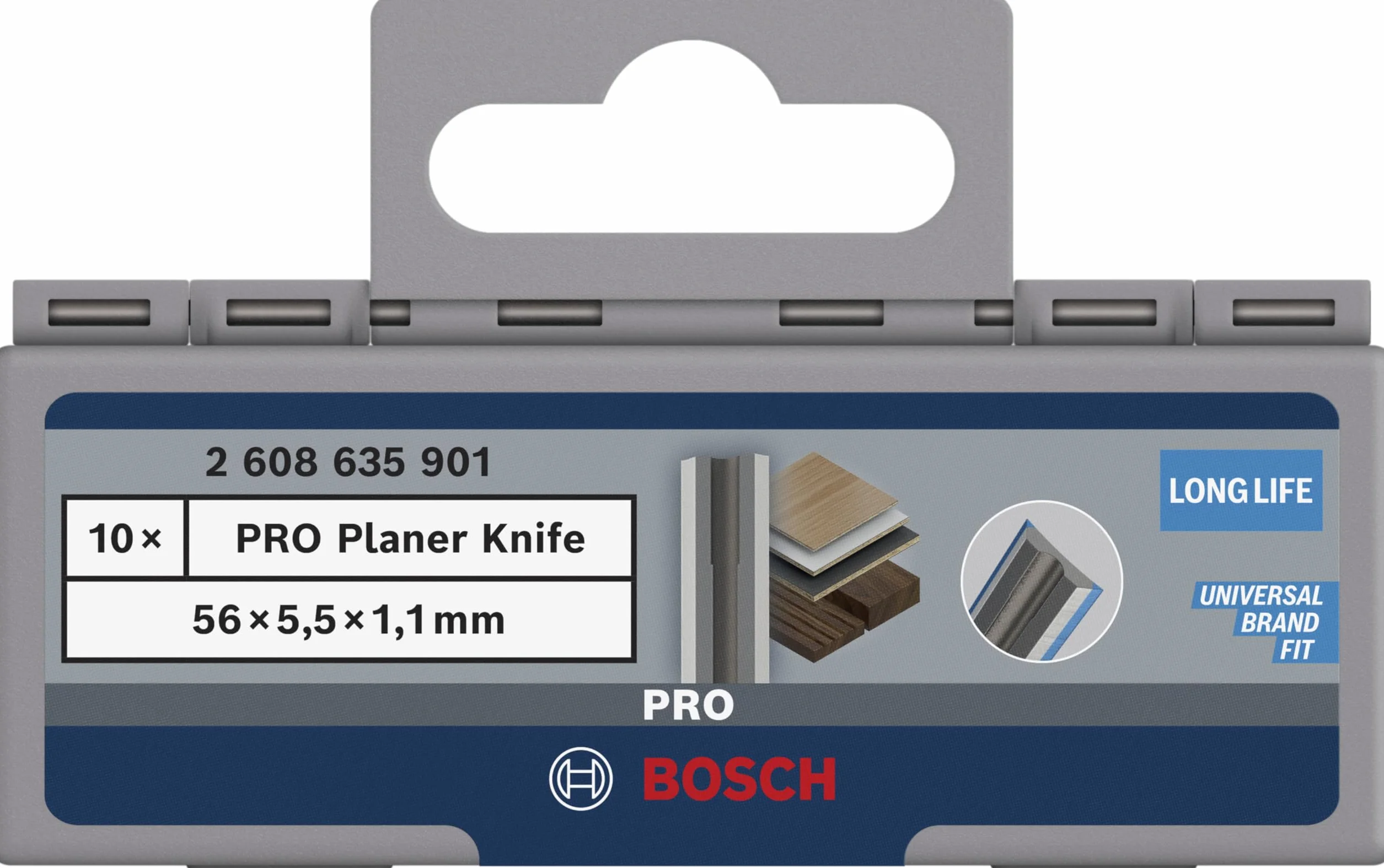 Bosch 10x Cuchilla para cepillo PRO (para Tableros recubiertos de plástico, Madera dura, 56 x 5,5 x 1,1 mm, Professional Accesorios Cepillo, Cepillo a batería)