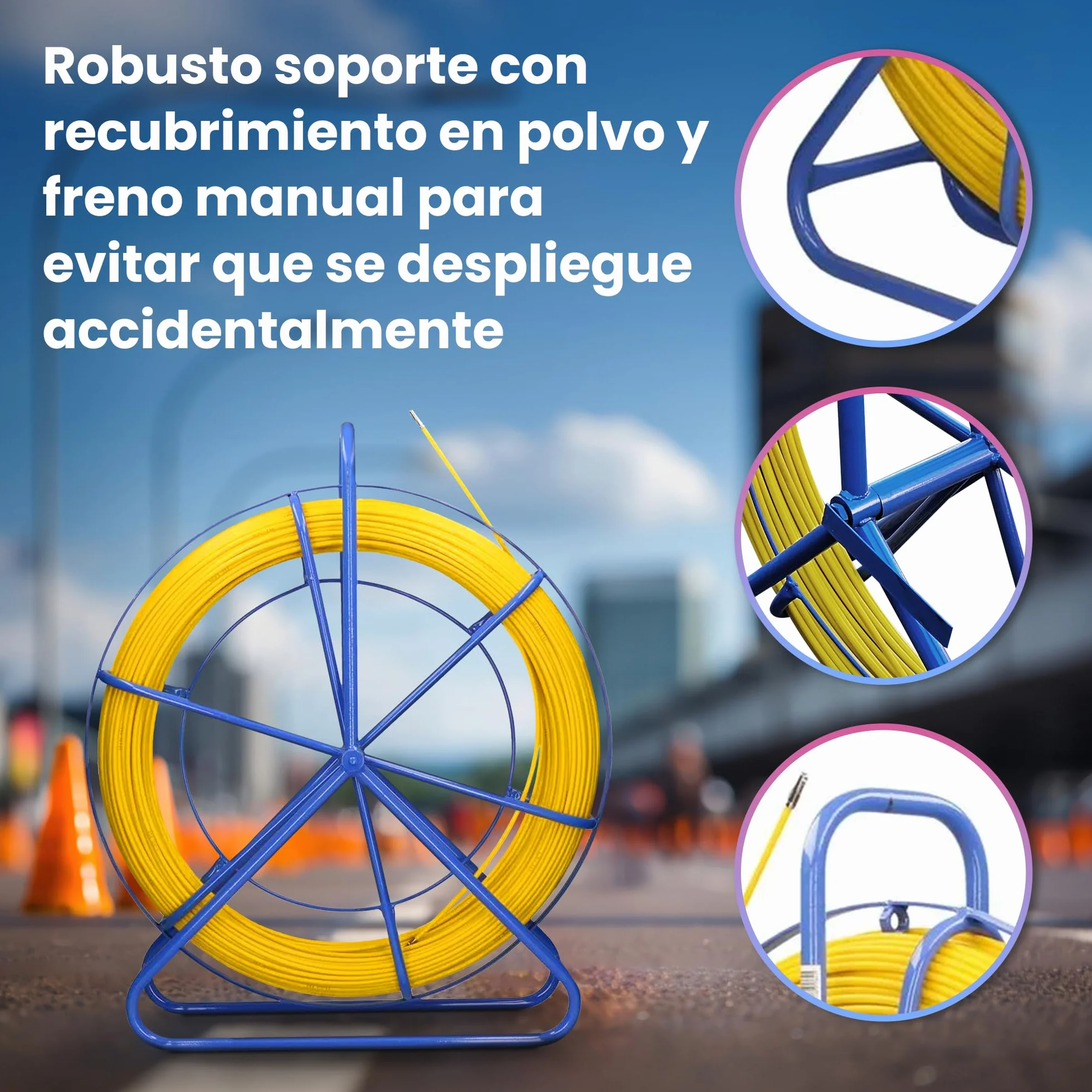 Extralink FRP varilla de fibra de vidrio de 6mm de diámetro 50m, tubo vacío con soporte para rodillos y freno, resorte retráctil con alta elasticidad y resistencia, accesorios de cable de fibra de
