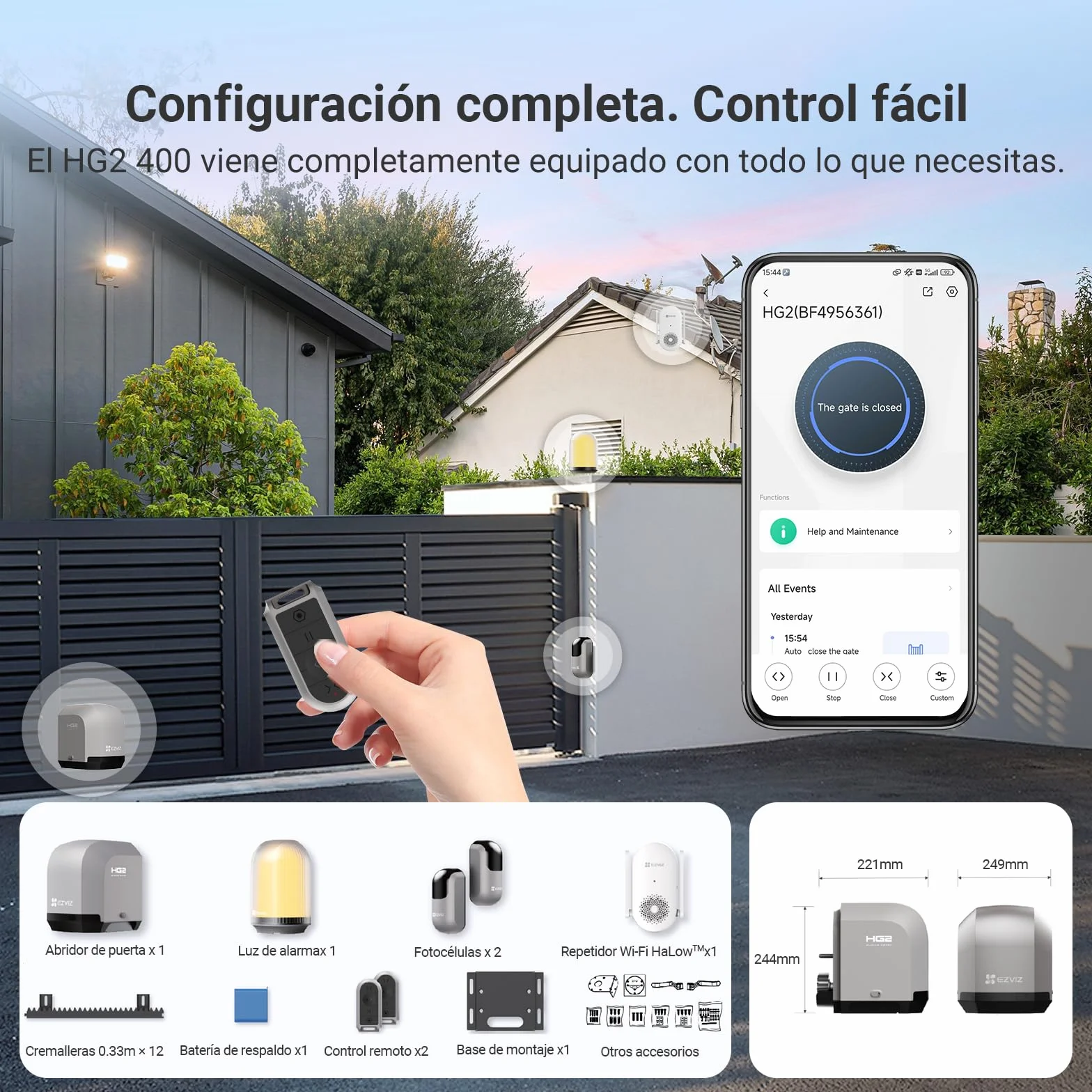 EZVIZ Motor Puertas Correderas Exterior 400 kg, con 4 Metros Cremallera de Nailon y Acero, Dos Mandos a distancia, una Luz de Alarma, Wi-Fi/Bluetooth, Instalación de dos cables, Impermeable, HG2 400