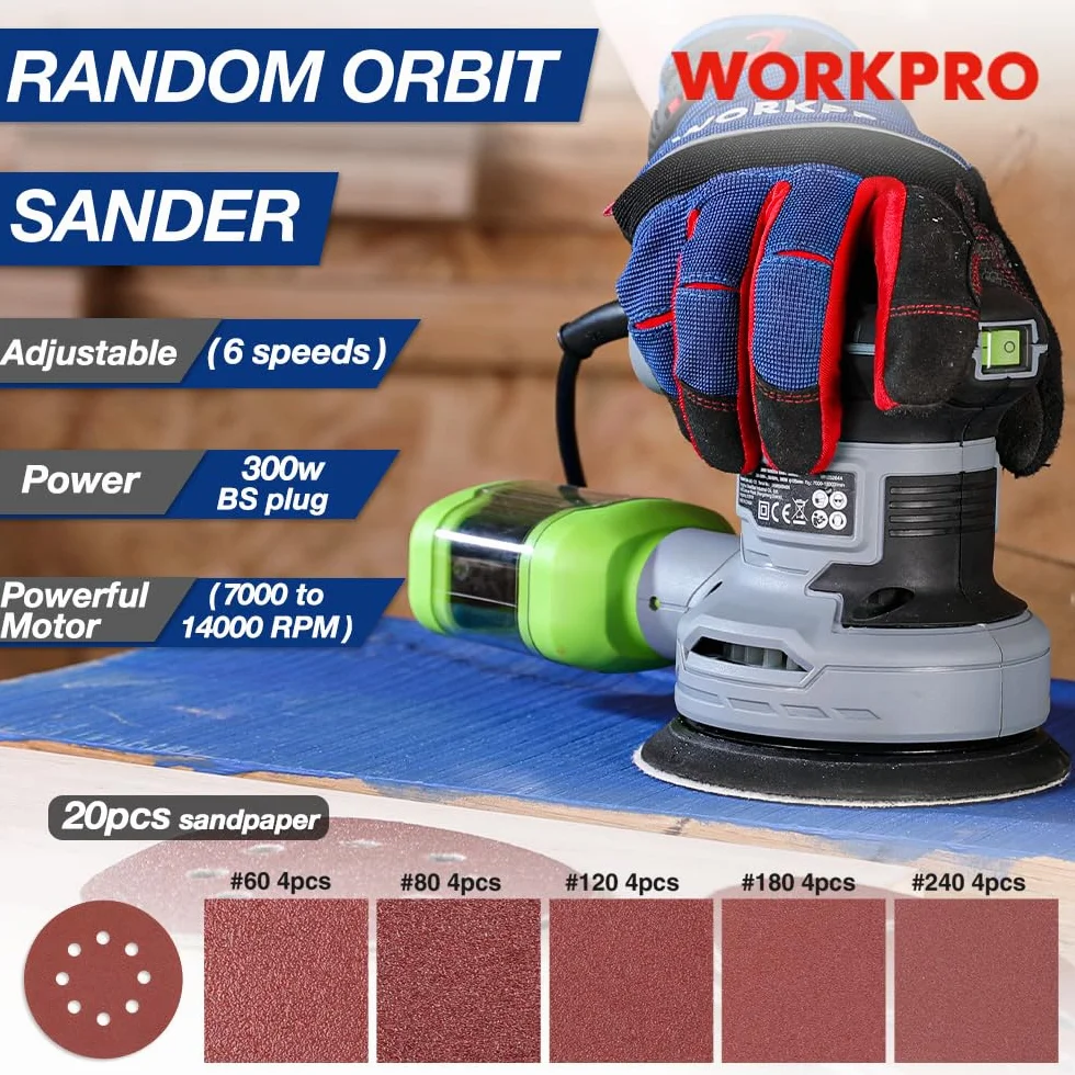 WORKPRO Lijadora excéntrica 125 mm, 300 W, 7000-13000 OPM, multilijadora con aspiración y depósito de polvo, incluye 20 unidades de papel de lija