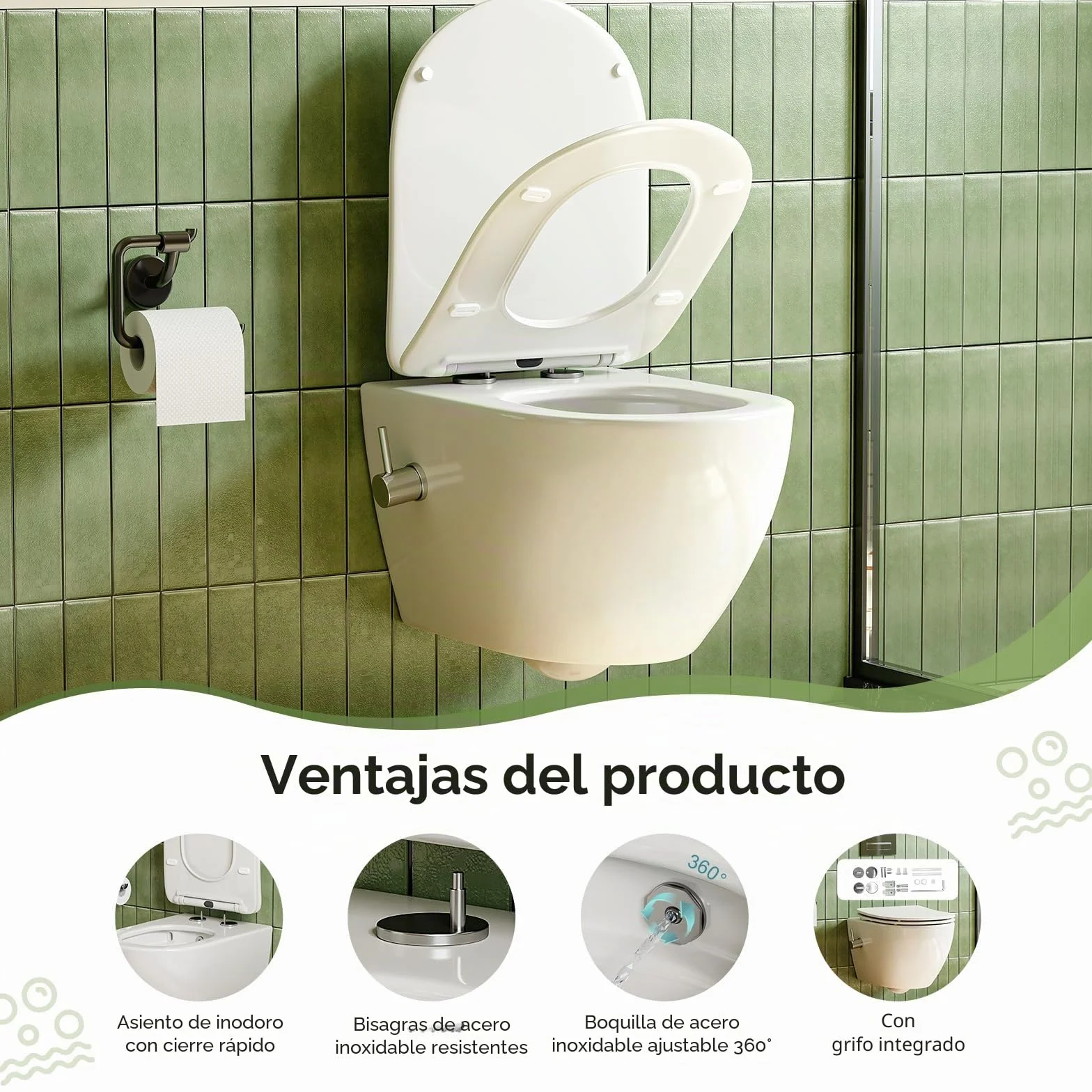 Inodoro de ducha con boquilla integrada, inodoro colgante con función de bidé, inodoro Taharet con nanorevestimiento, inodoro con ducha con grifo, asiento de inodoro con cierre automático, 53×36×35 cm